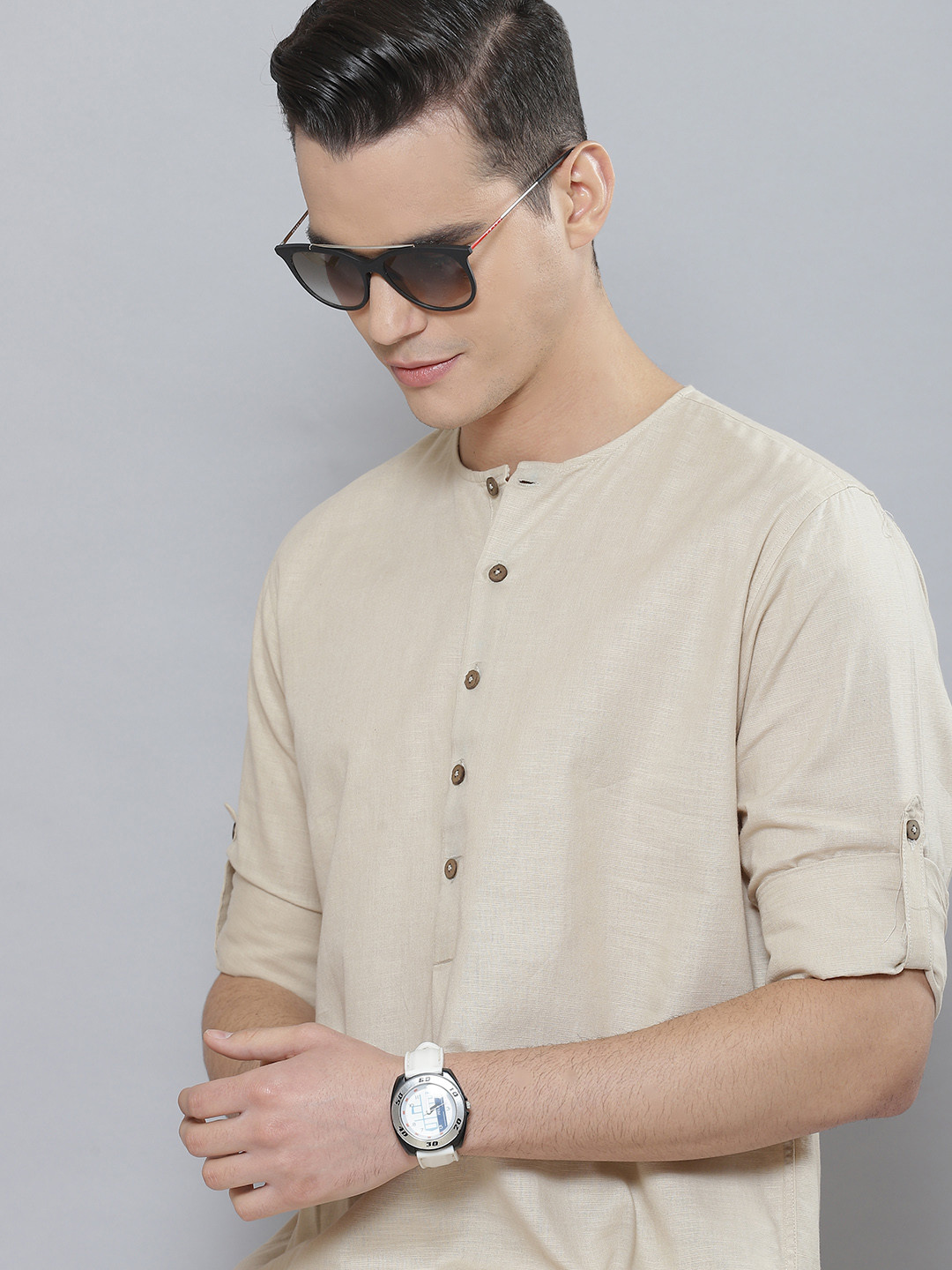 

DENNISON Men Solid Oversized Summer Sheers Linen Kurta, Beige