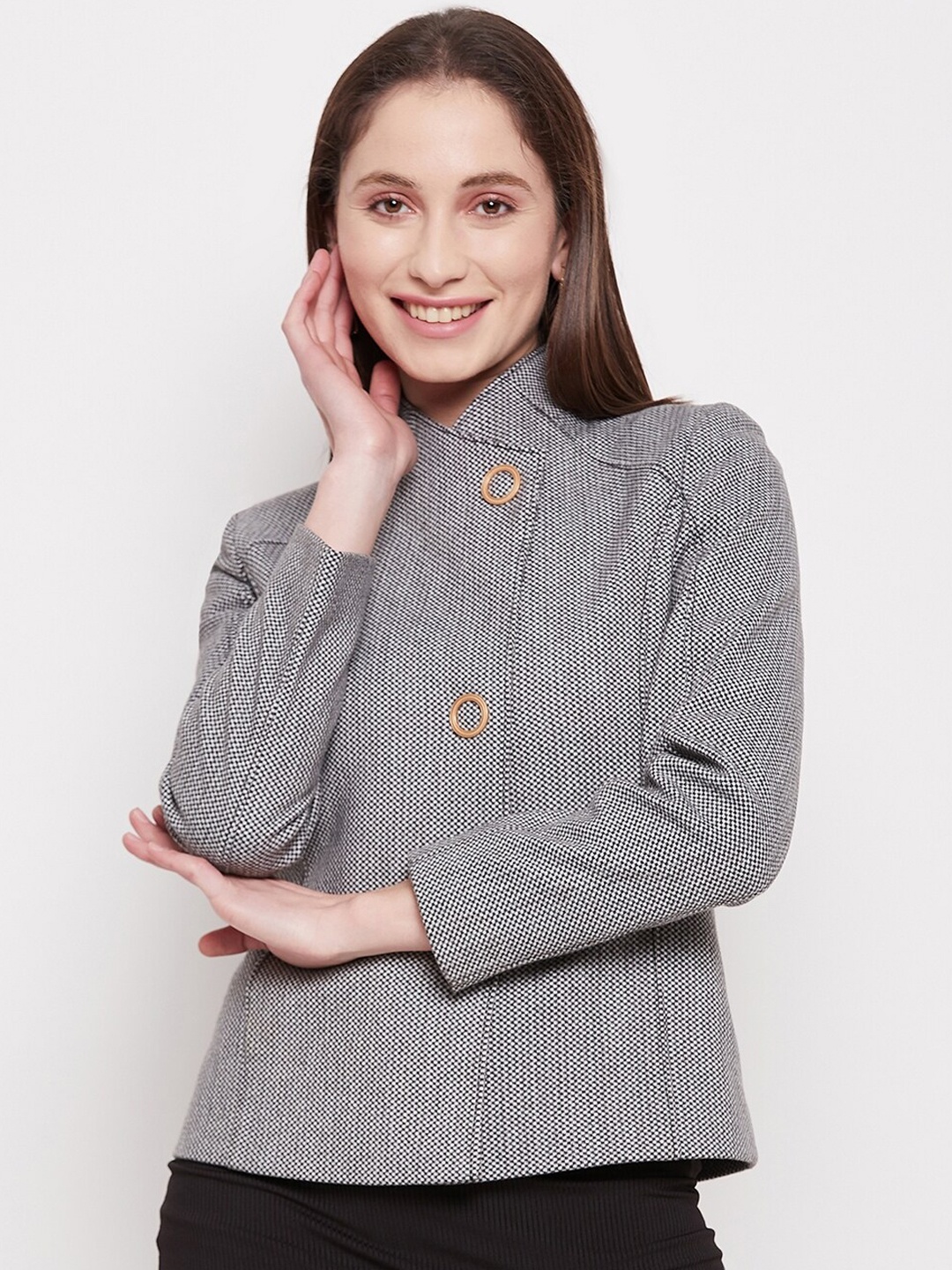 

Madame Women Houndstooth Print Cotton Pea Coats, Black