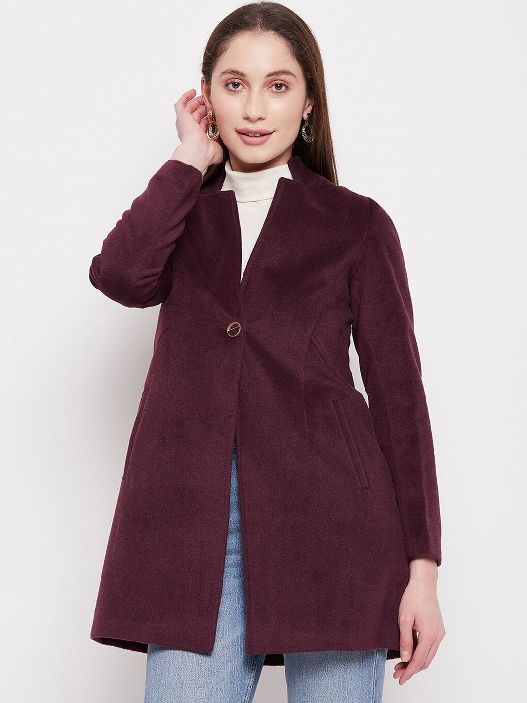 

Madame Women Mandarin Collar Cotton Overcoat, Maroon