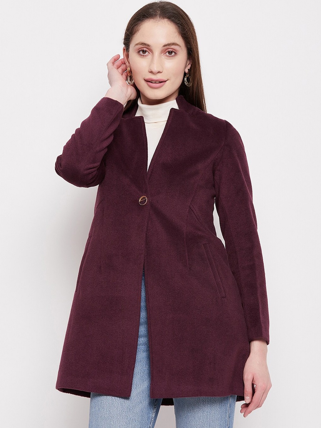 

Madame Women Long Sleeves Single-Breasted Cotton Pea Coat, Maroon