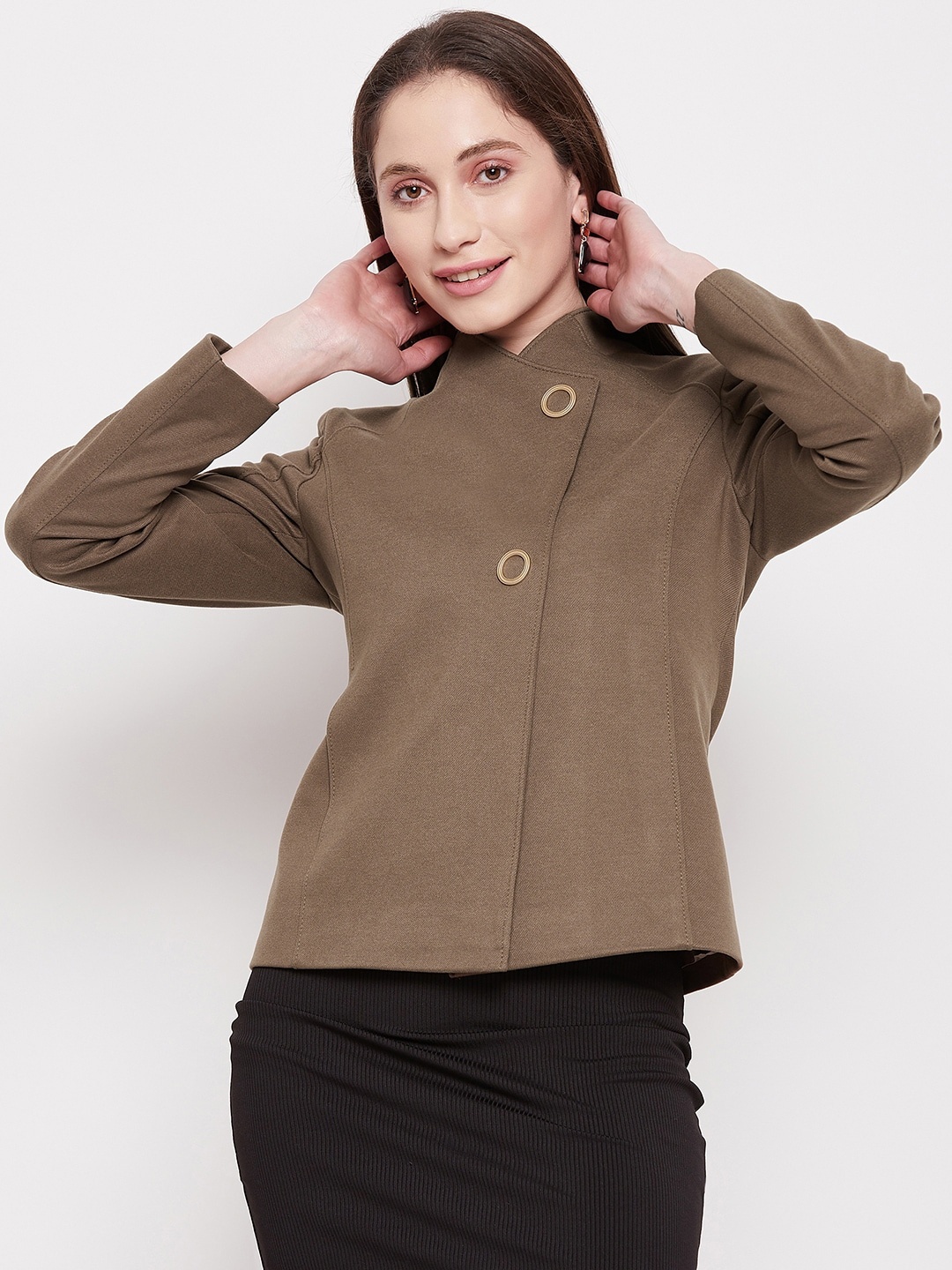 

Madame Women Mock Collar Cotton Pea Coats, Khaki