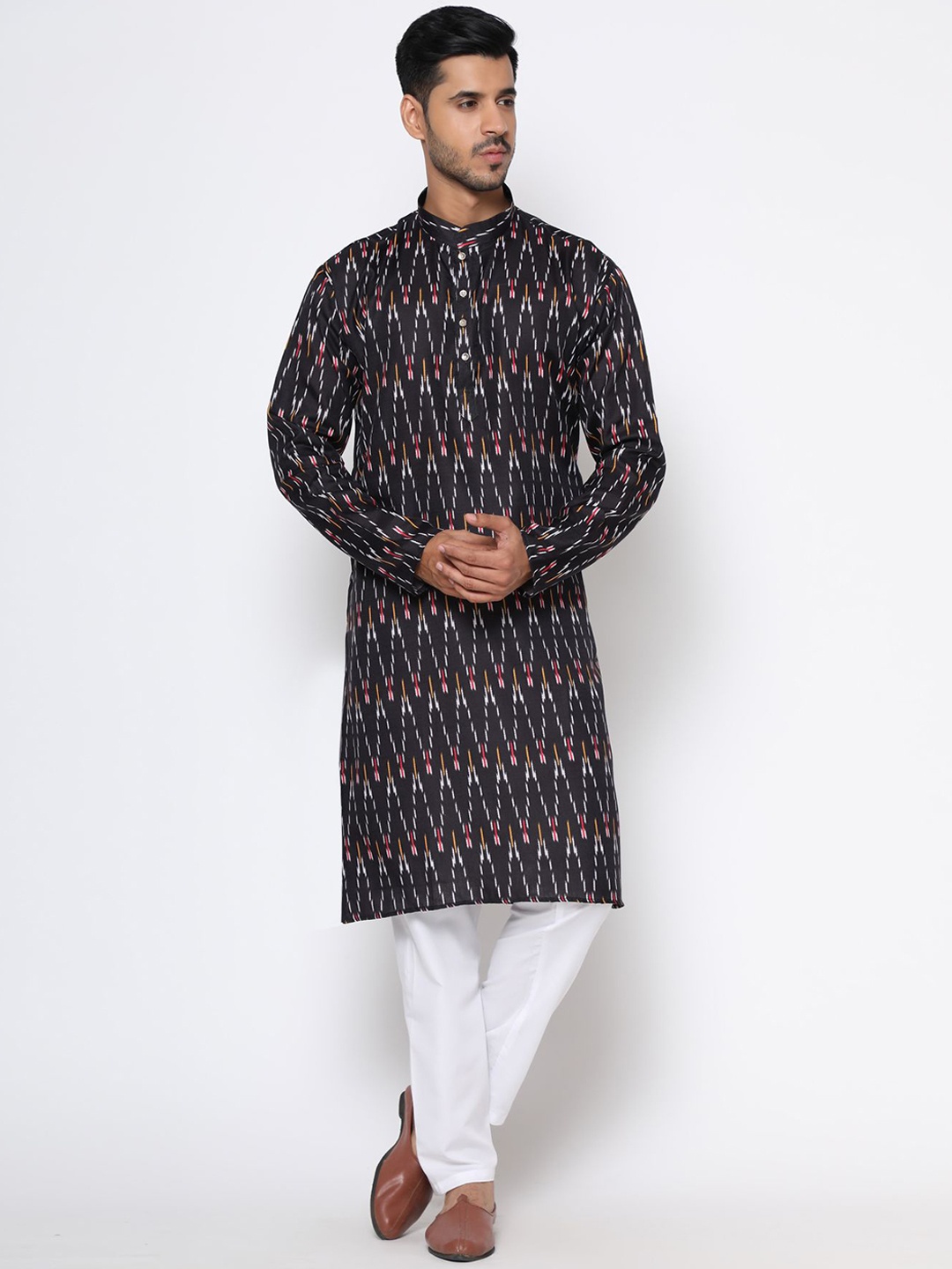 

PREMROOP- THE STYLE YOU LOVE Geometric Printed Dupion Silk Kurta, Black