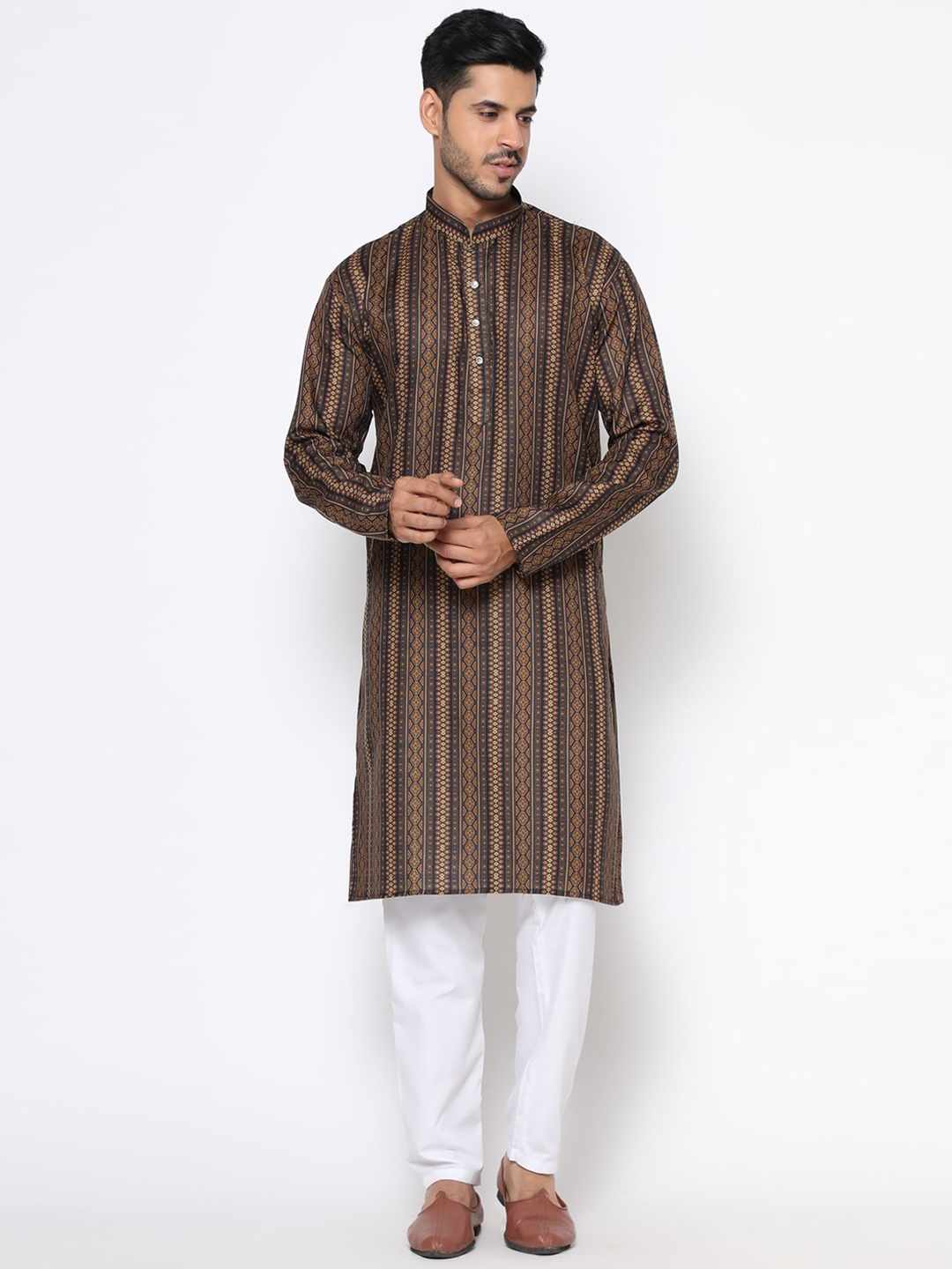 

PREMROOP- THE STYLE YOU LOVE Striped Band Collar Kurta, Brown