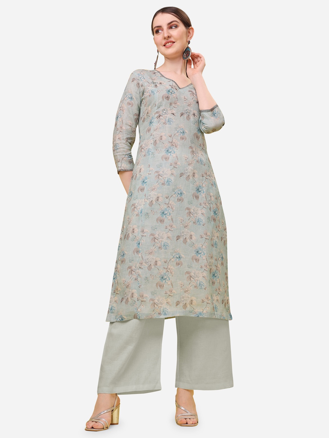 

Seerat Floral Printed V-Neck Straight Linen Kurta, Grey