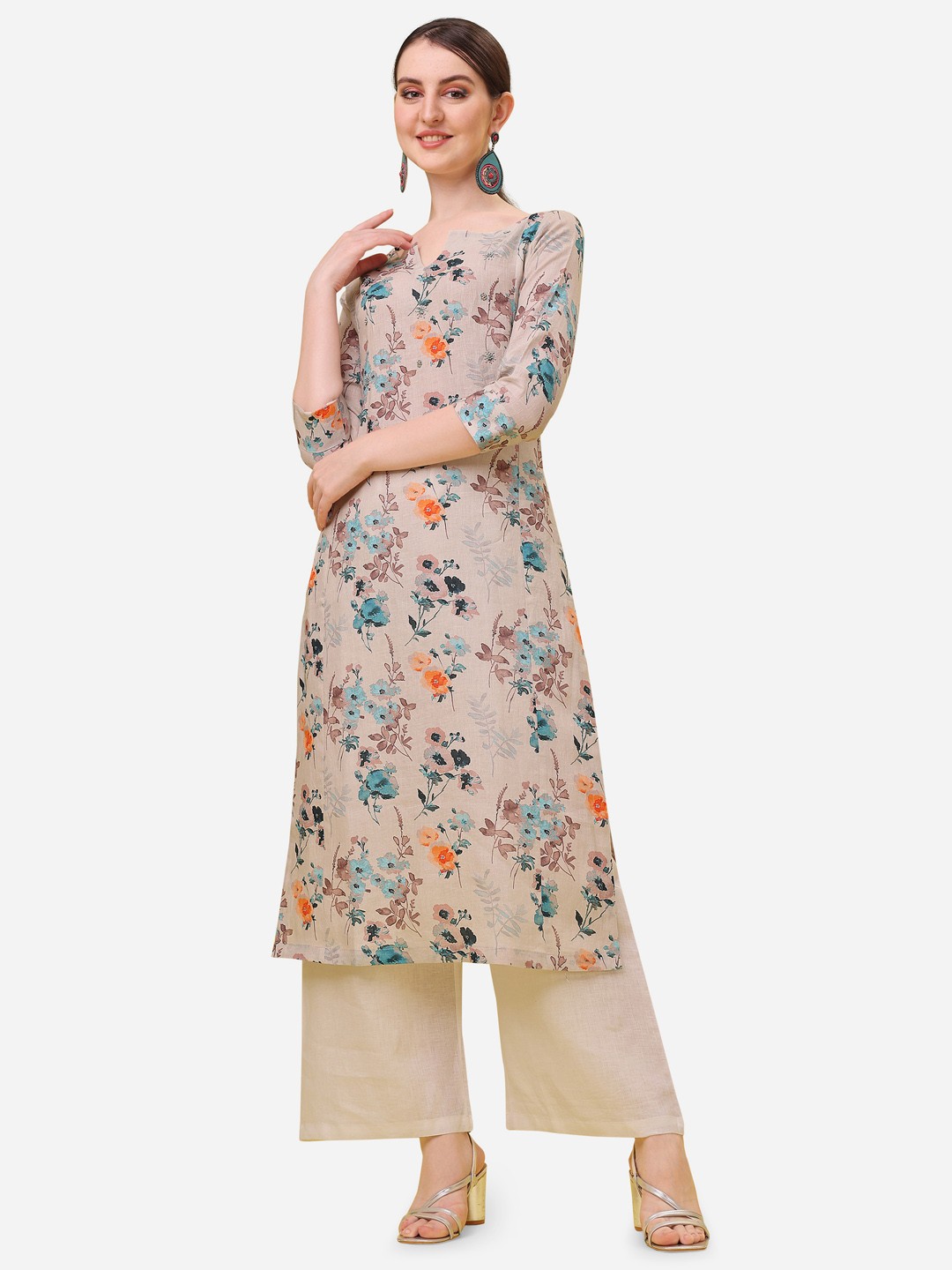 

Seerat Floral Printed Notched Neck Linen Kurta, Cream