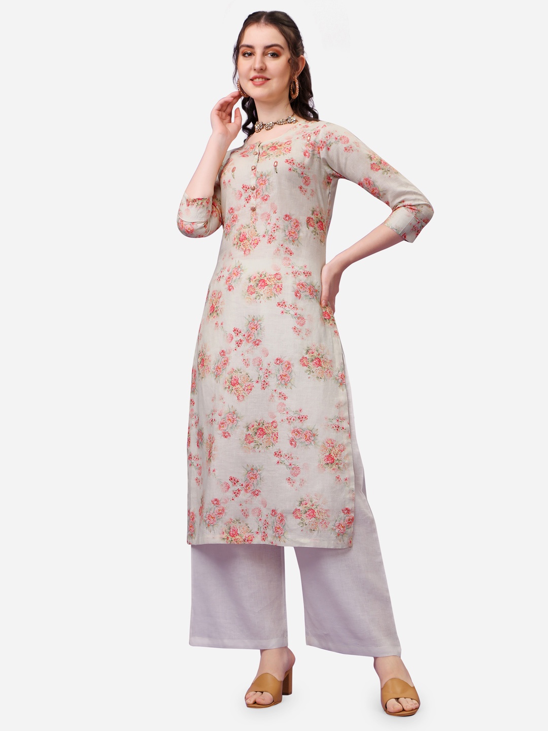 

Seerat Floral Printed Round Neck Straight Regular Fit Linen Kurta, Cream