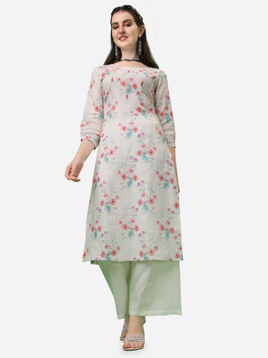 

Seerat Floral Printed Sequins Straight Regular Fit Linen Kurta, Cream
