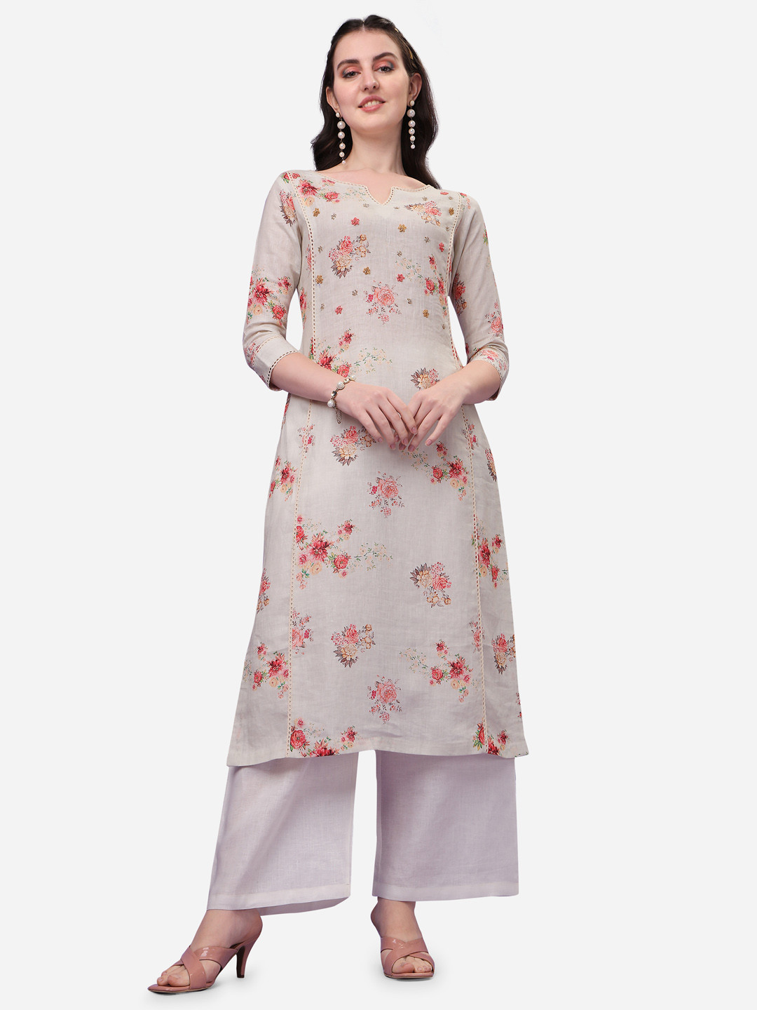 

Seerat Floral Printed Notched Neck Linen Kurta, Cream