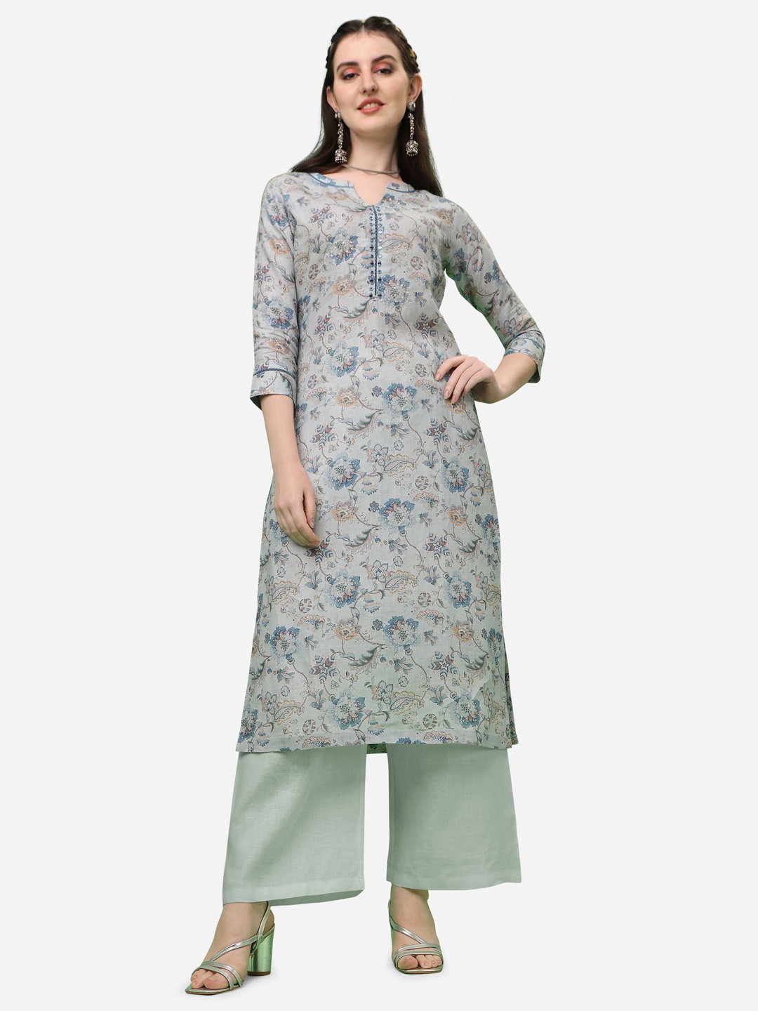 

Seerat Floral Printed Notched Neck Straight Kurta, Blue