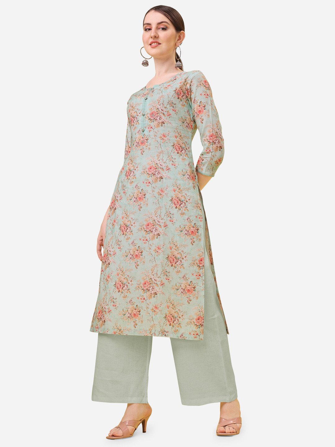 

Seerat Floral Printed Notched Neck Straight Regular Kurta, Sea green