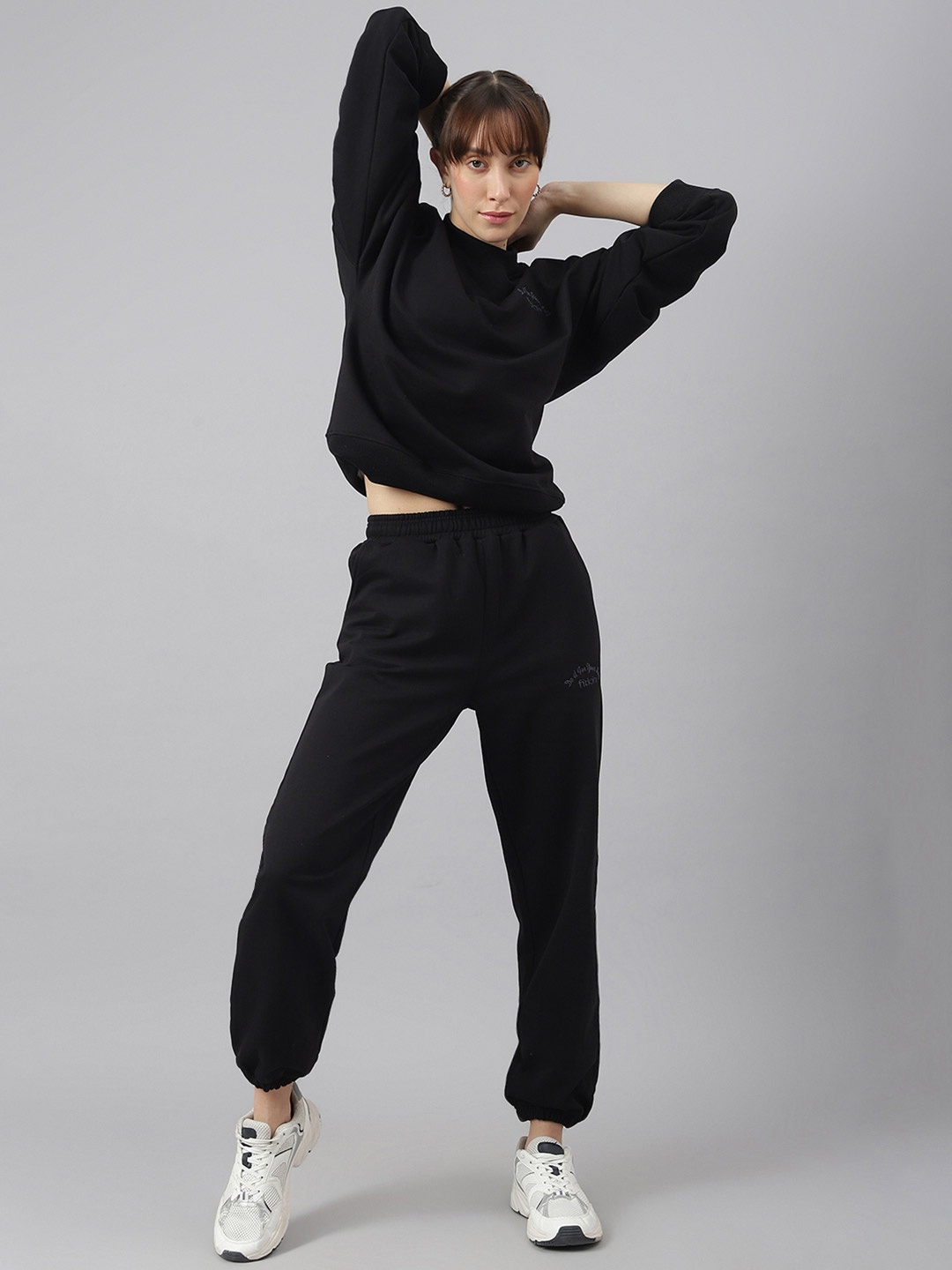 

Fitkin Women High Neck Sweatshirt & Jogger Tracksuit, Black