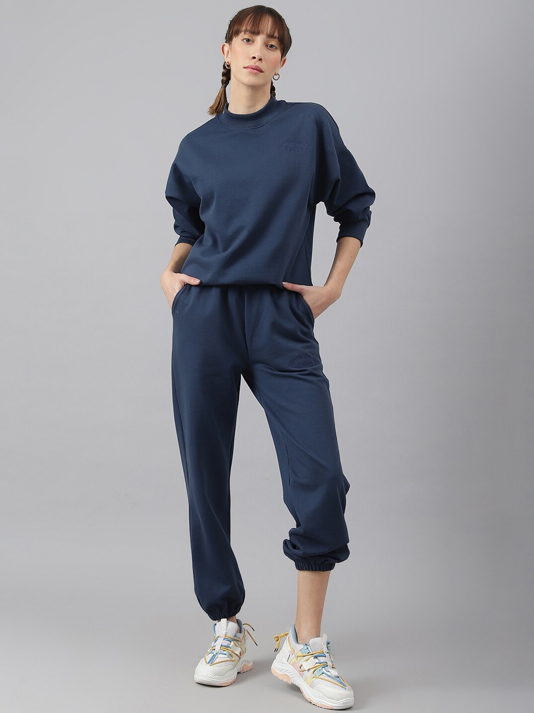 

Fitkin Women Round Neck Long Sleeves Regular Fit Tracksuits, Navy blue