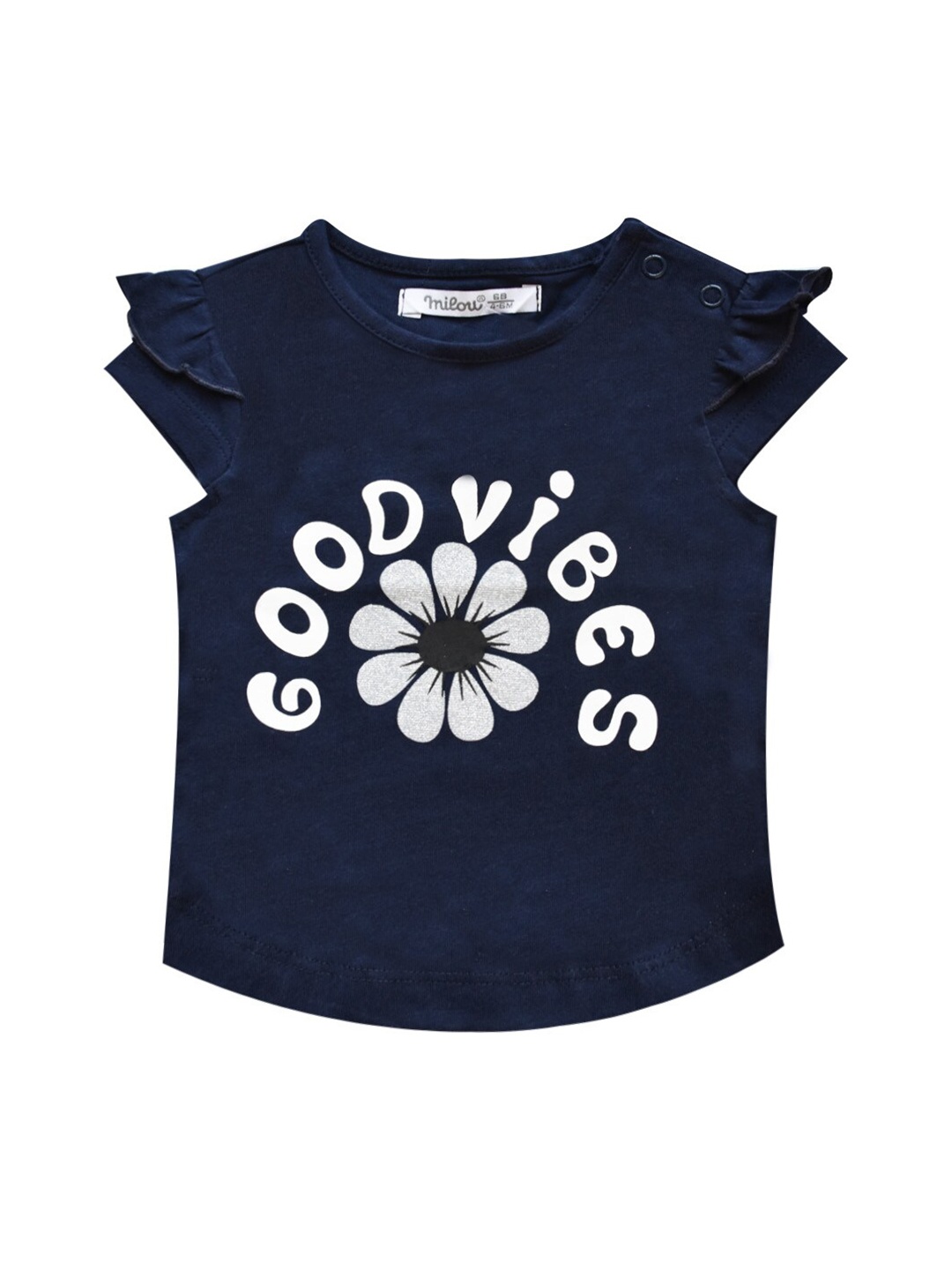 

milou Girls Printed Flutter Sleeves Cotton Top, Navy blue