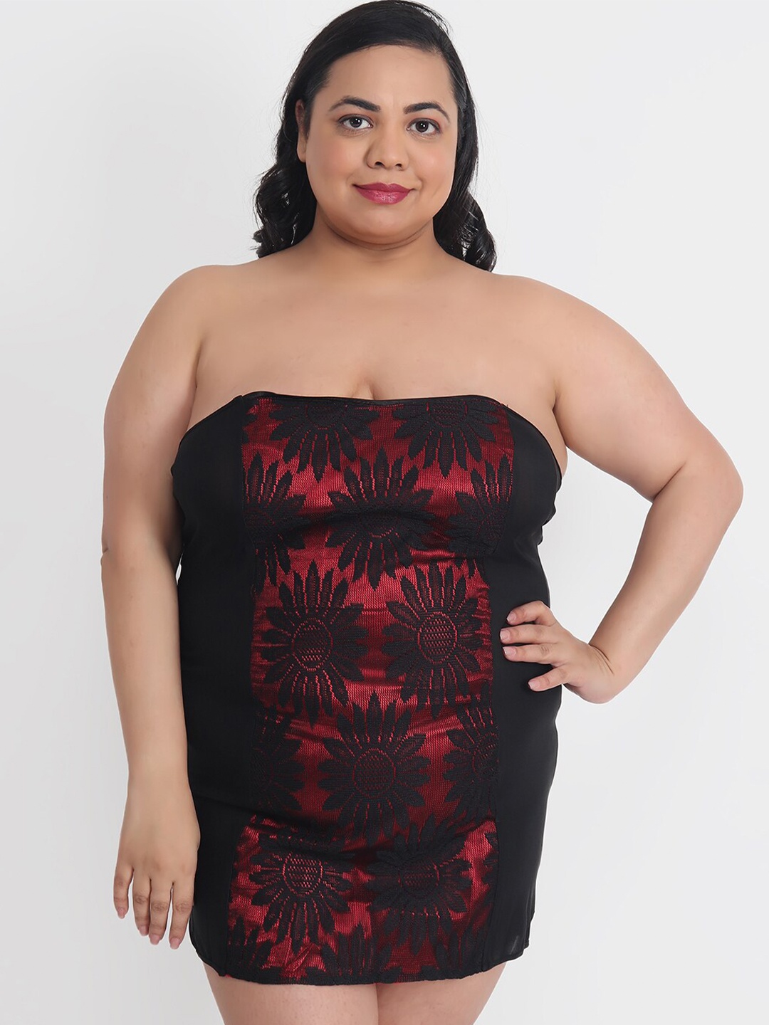 

Klamotten Plus Size Strapless Printed Baby Doll, Maroon