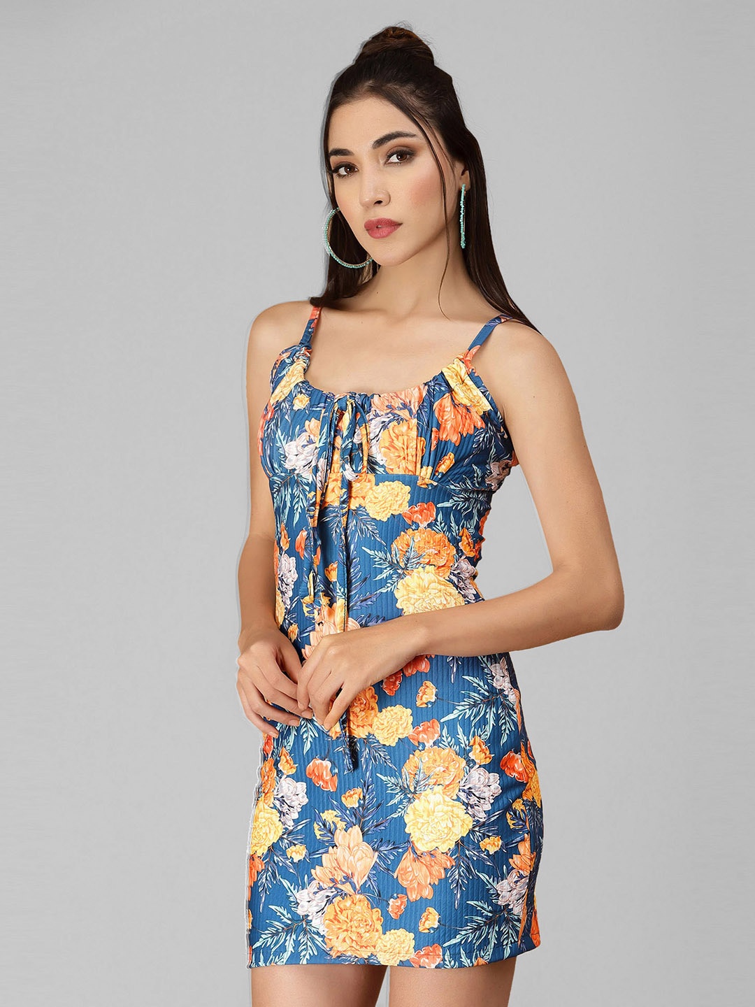 

Selvia Floral Printed Tie-Up Detailed Sheath Dress, Blue