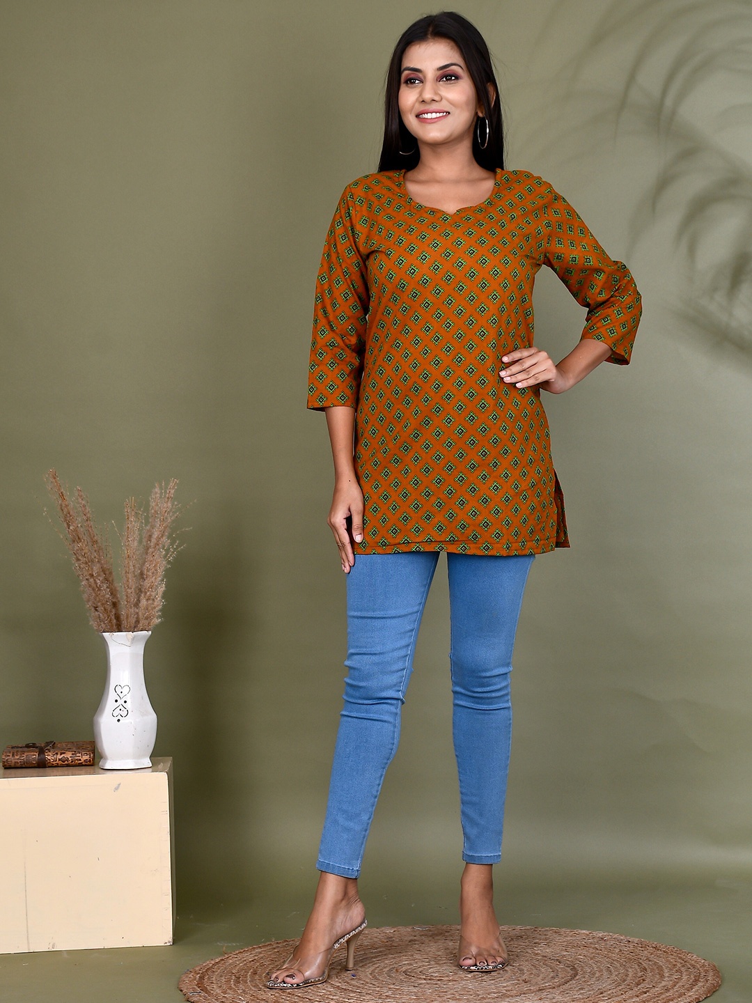 

Kesarya Ethnic Motifs Printed Pure Cotton Handloom Kurti, Mustard