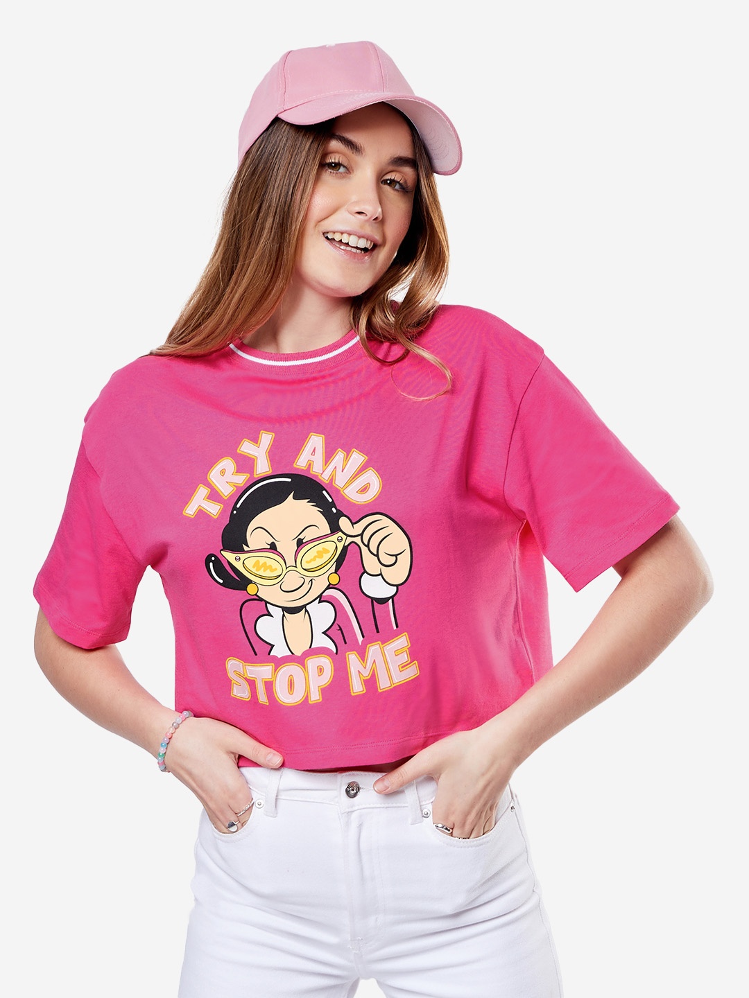 

The Souled Store Printed Pure Cotton Boxy Crop Oversized Top, Pink