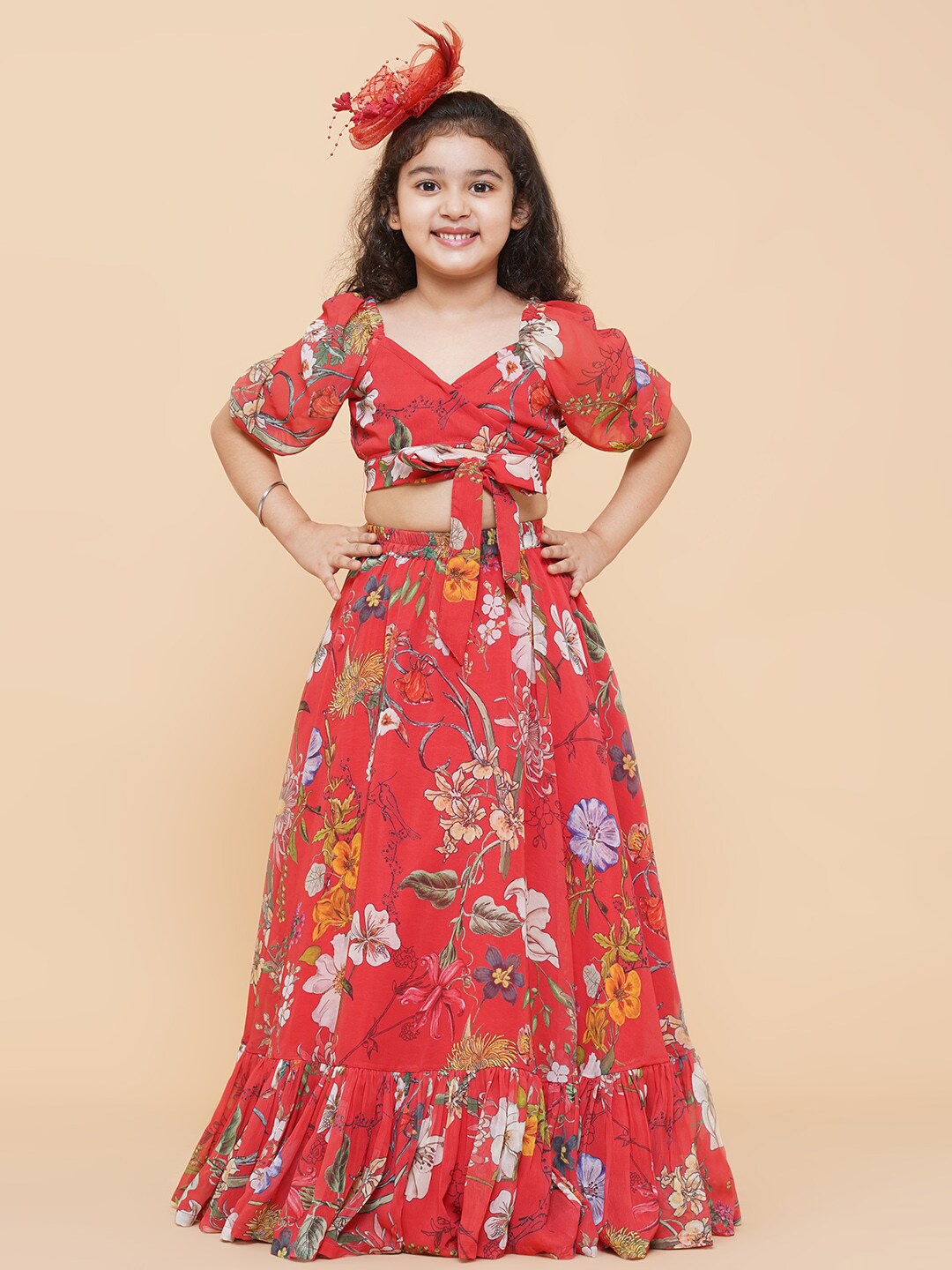 

Bitiya by Bhama Girls Printed Ready to Wear Lehenga Choli, Red