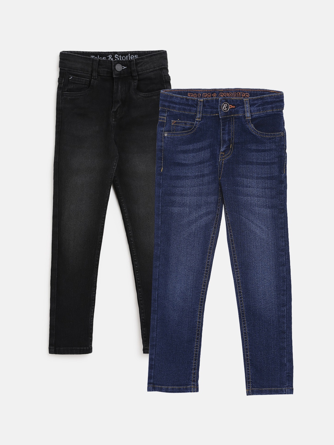 

TALES & STORIES Boys Pack of 2 Cotton Slim Fit Low Distress Light Fade Stretchable Jeans, Blue