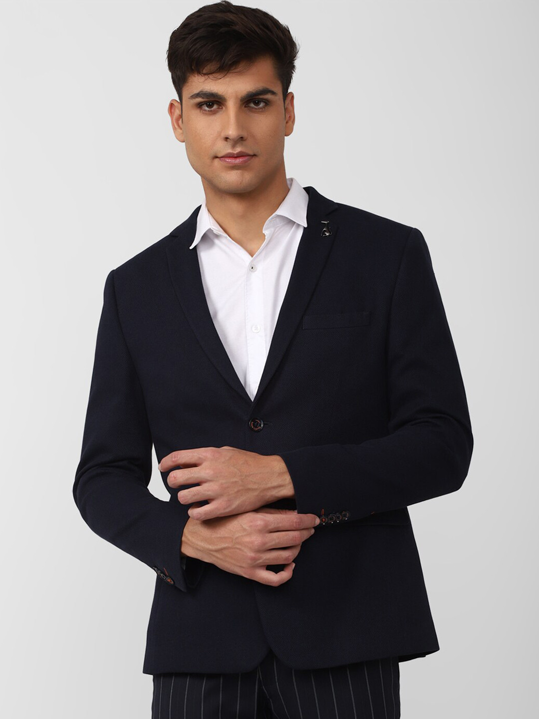 

SIMON CARTER LONDON Men Pure Cotton Single-Breasted Casual Blazer, Navy blue