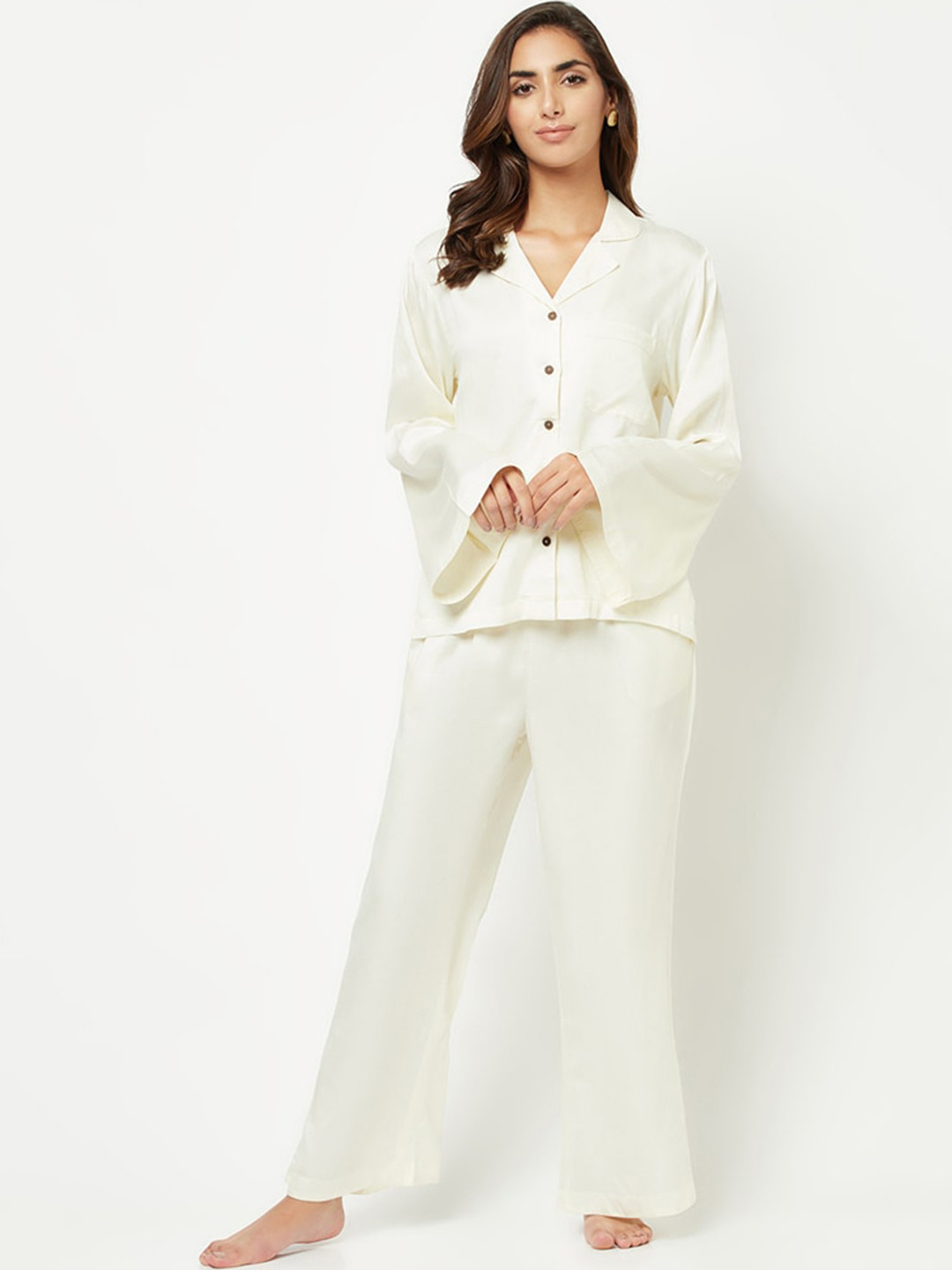 

HOUSE OF S Women Lapel Collar Night suit, White