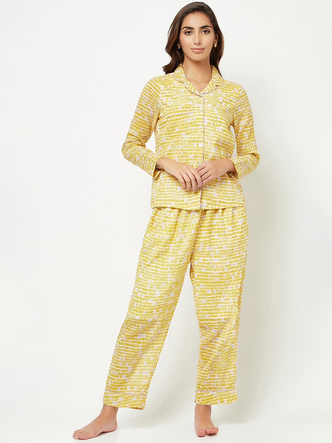 

HOUSE OF S Women Printed Pure Cotton Night suit, Yellow