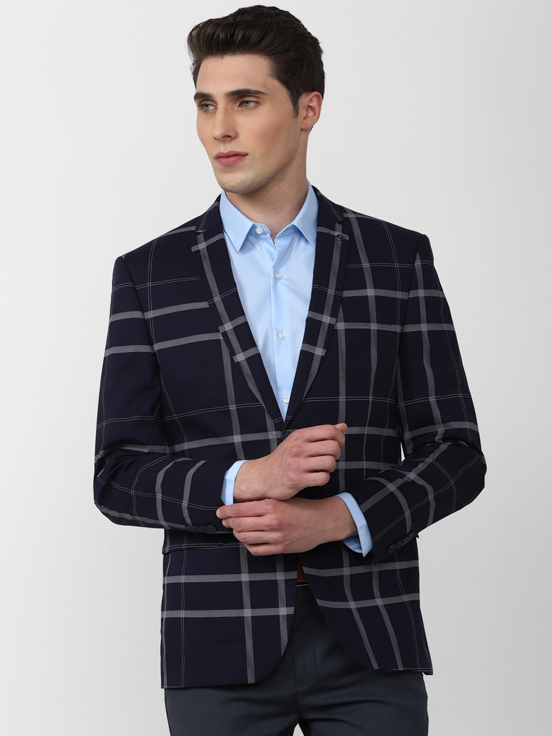 

Van Heusen Men Checked Cotton Single-Breasted Slim-Fit Blazers, Navy blue