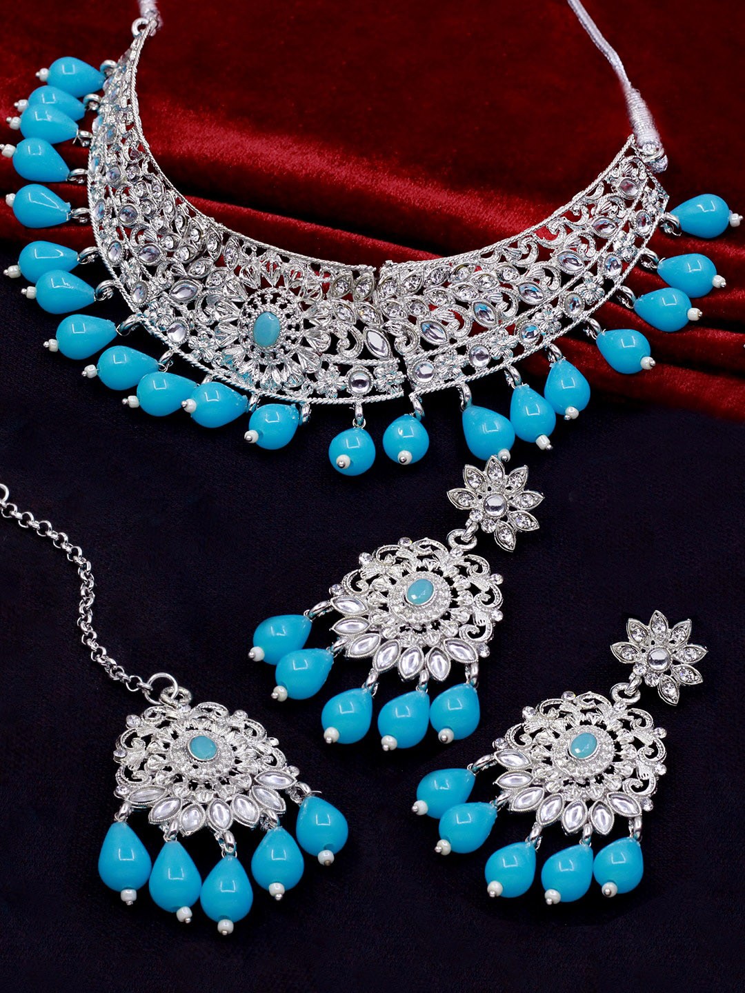 

SAIYONI Silver-Plated Stone Studded & Beaded Jewellery Set, Gold