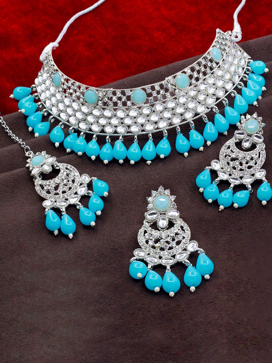 

SAIYONI Gold-Plated Stone-Studded & Beaded Jewellery Set, Blue