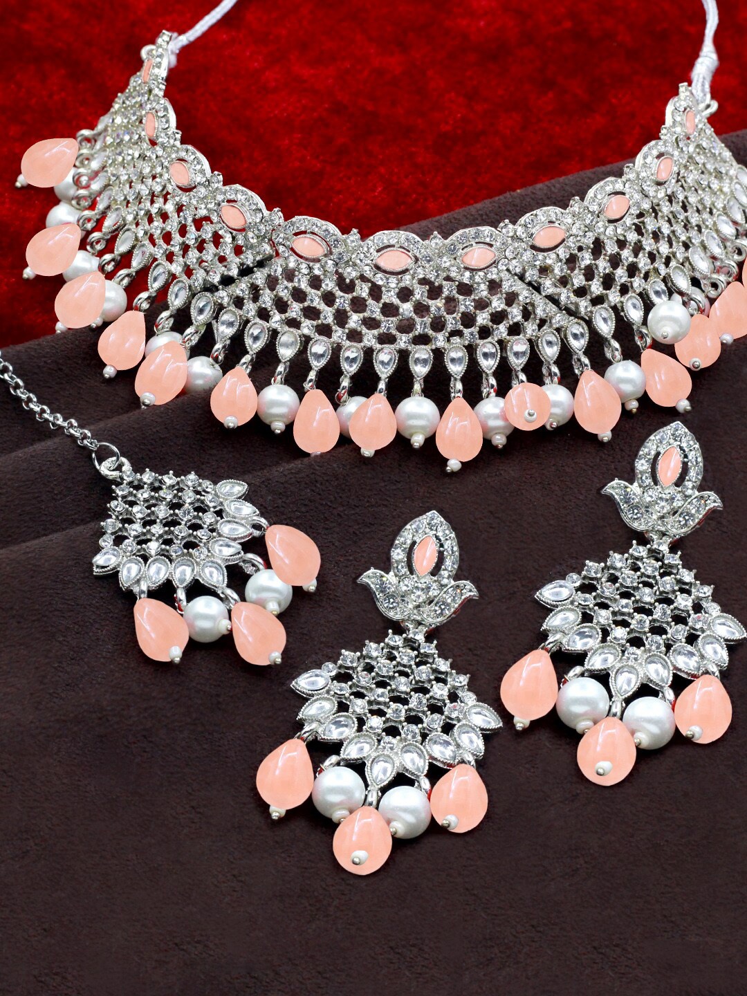 

SAIYONI Silver-Plated Stone Studded & Beaded Jewellery Set, Peach