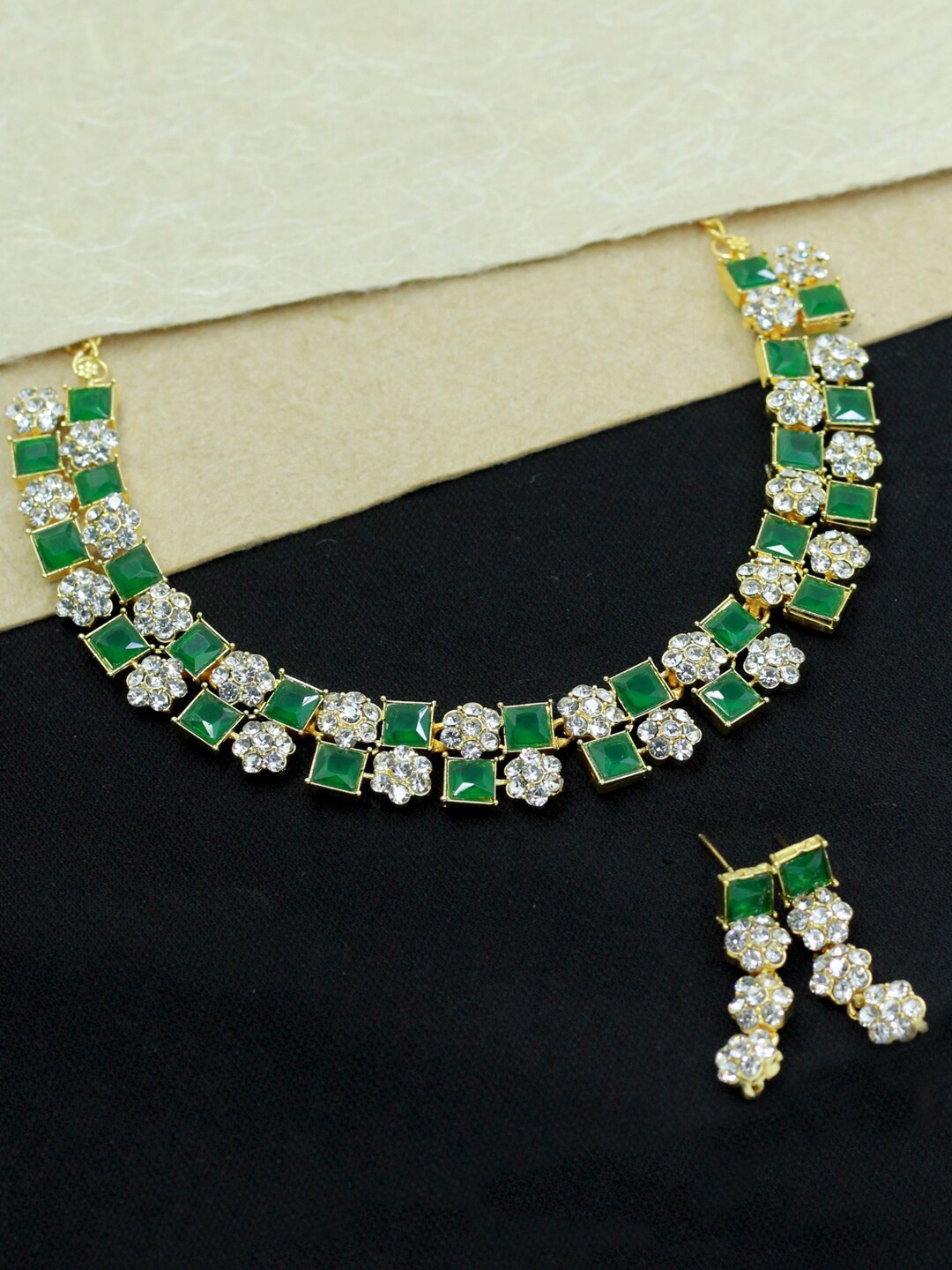 

SAIYONI Gold-Plated Stone-Studded Jewellery Set, Green