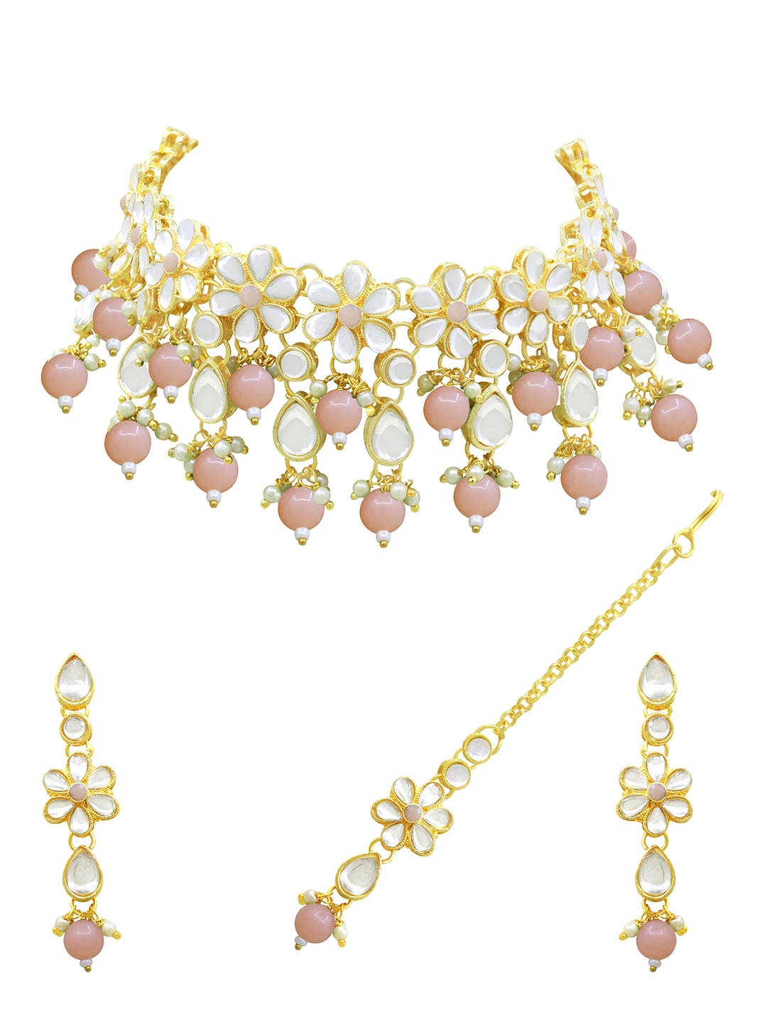 

SAIYONI Women Gold-Plated Kundan-Studded Jewellery Set, Peach
