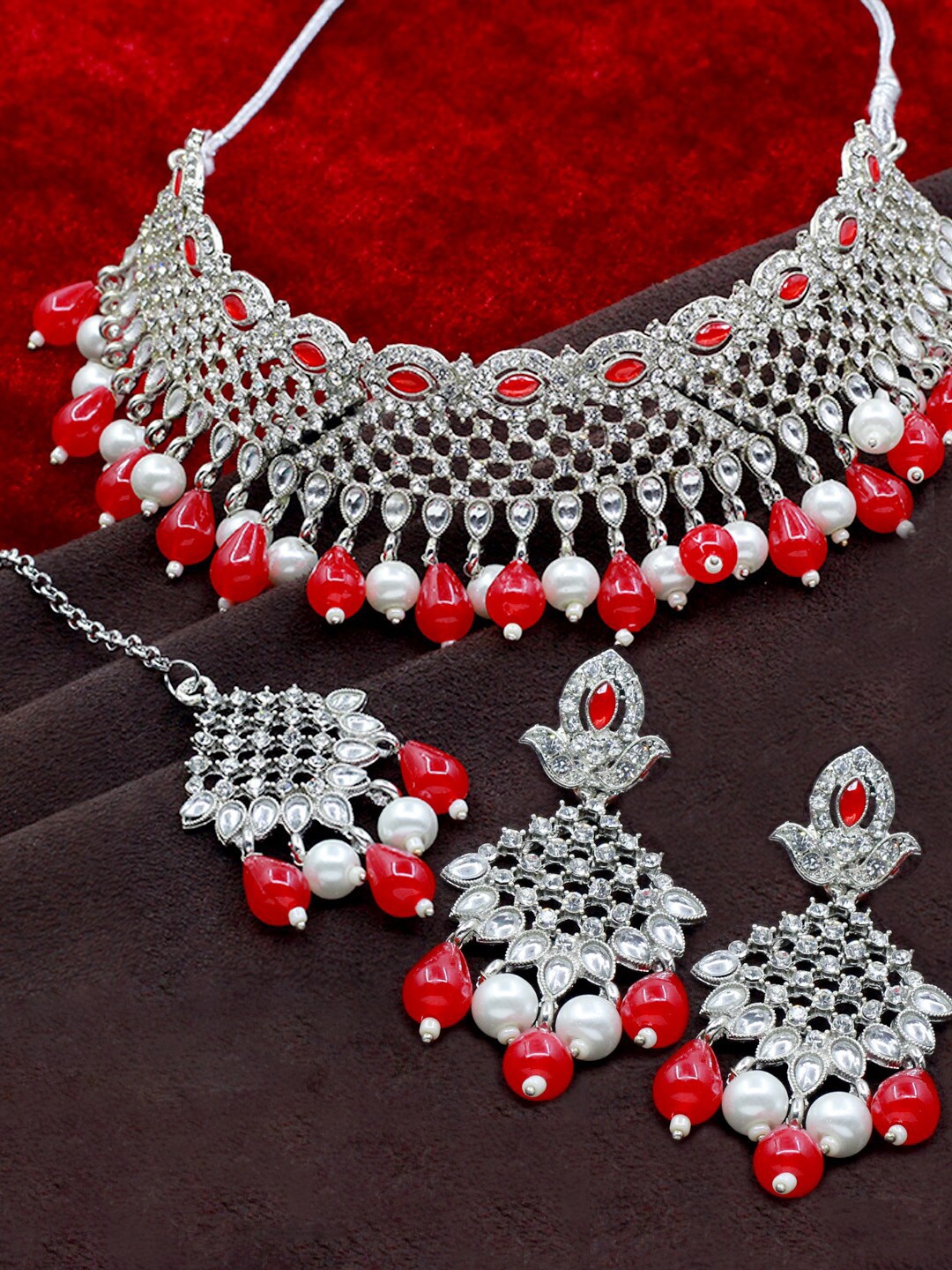

SAIYONI Silver-Plated Stone-Studded & Beaded Jewellery Set