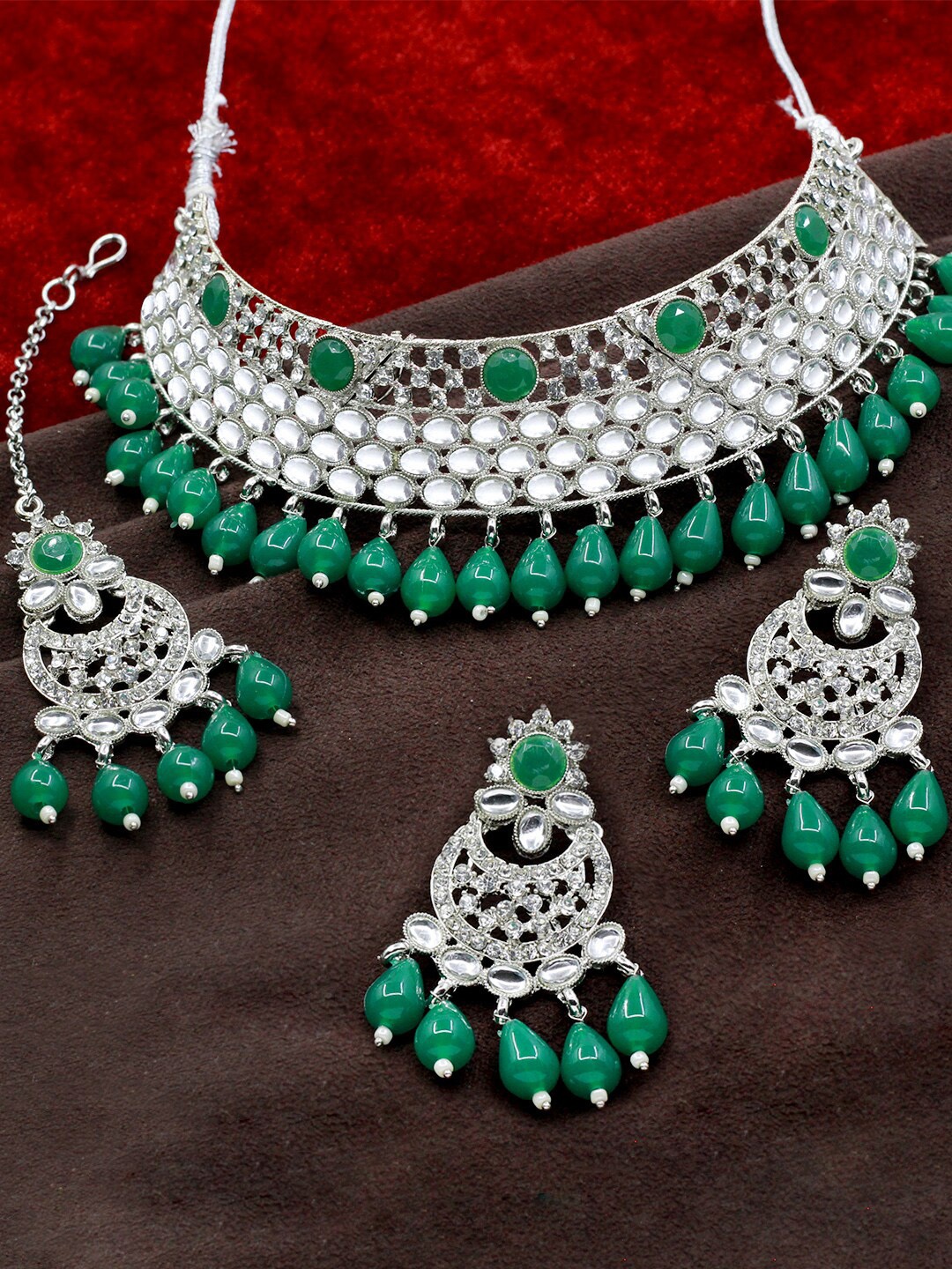 

SAIYONI Silver-Plated Kundan Studded & Beaded Jewellery Set