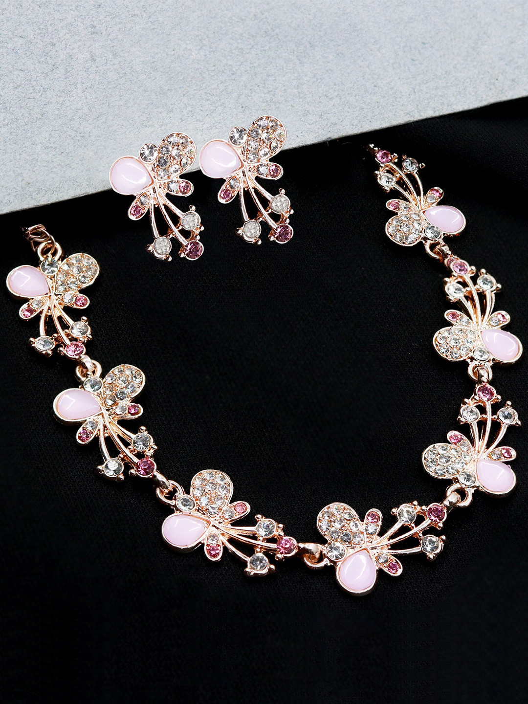 

SAIYONI Rose Gold-Plated Stone & Bead Studded Butterfly Design Jewellery Set