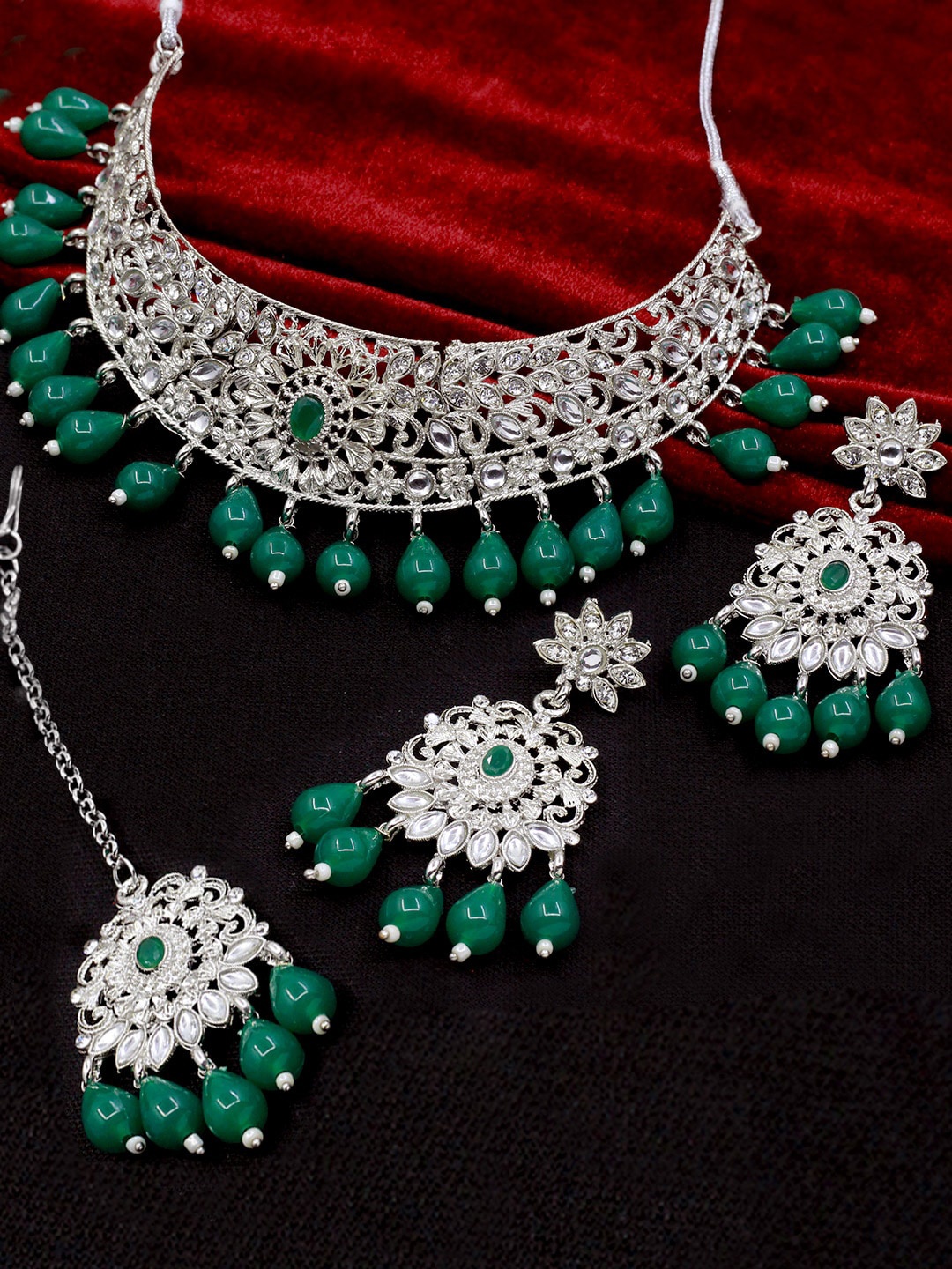 

SAIYONI Silver-Plated Austrian Diamond & Beads-Studded Jewellery Set