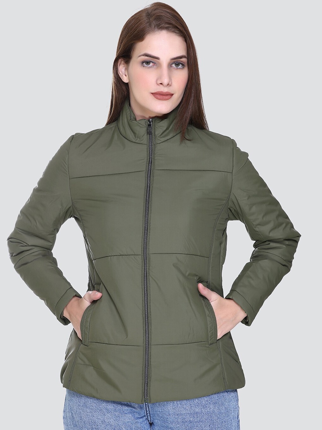 

DARTICA Women Solid Long Sleeves Padded Jacket, Olive