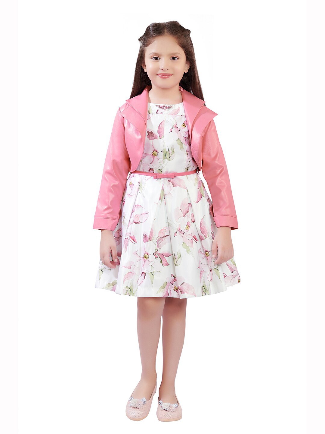 

Tiny Baby Girls Floral Satin Dress with Jacket and Belt, Pink