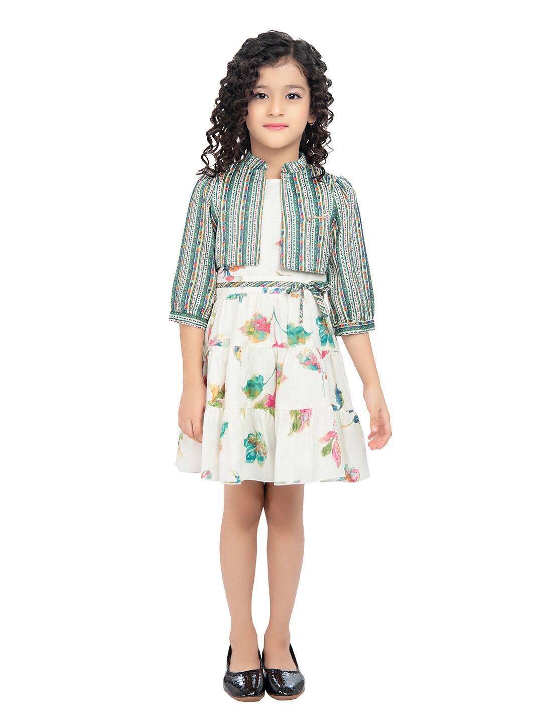 

Tiny Baby Floral Linen Fit and Flare Dress With Jacket and Attached Belt, Cream