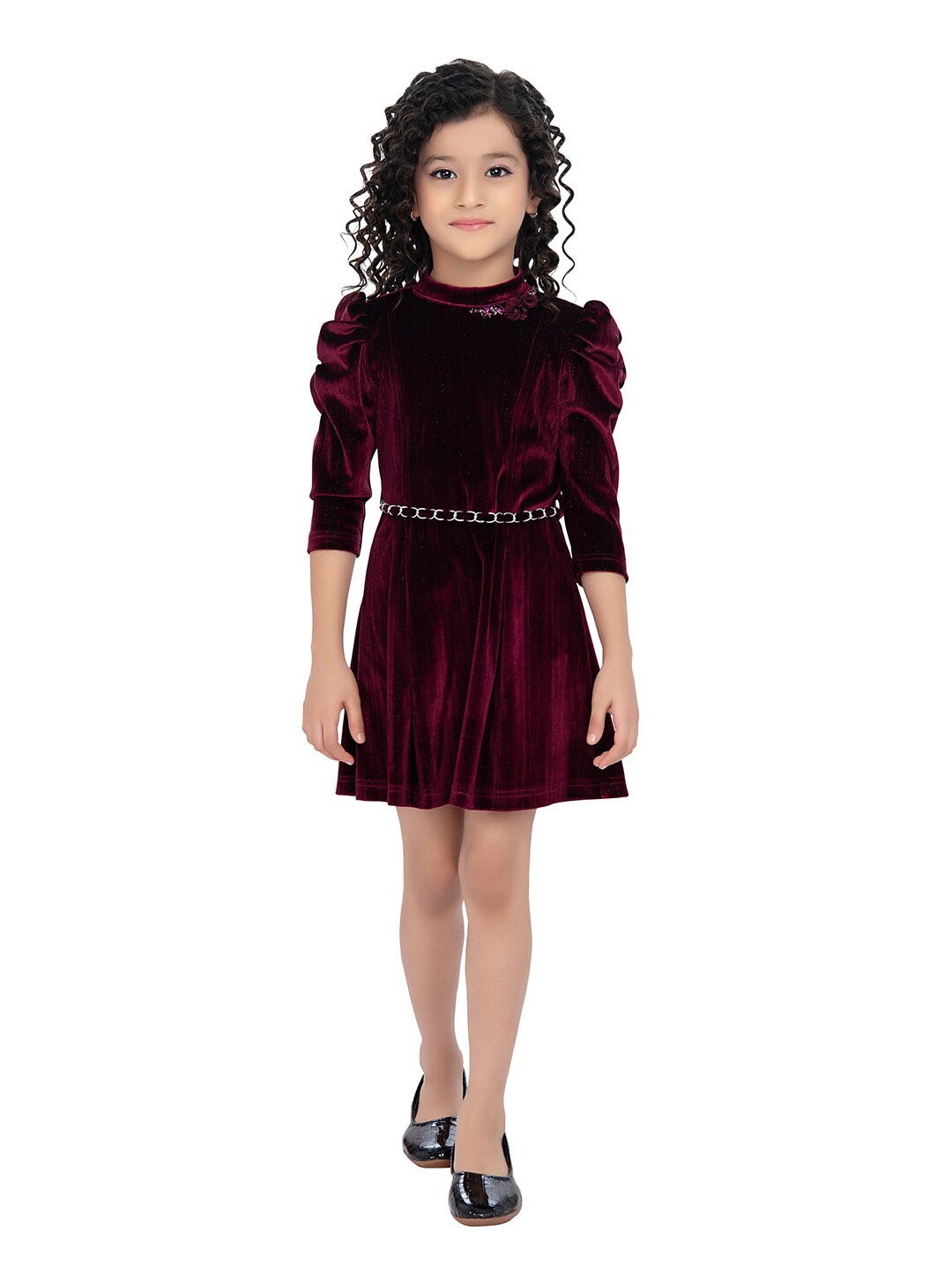 

Tiny Baby Girls Velvet A-Line Dress with Belt, Burgundy
