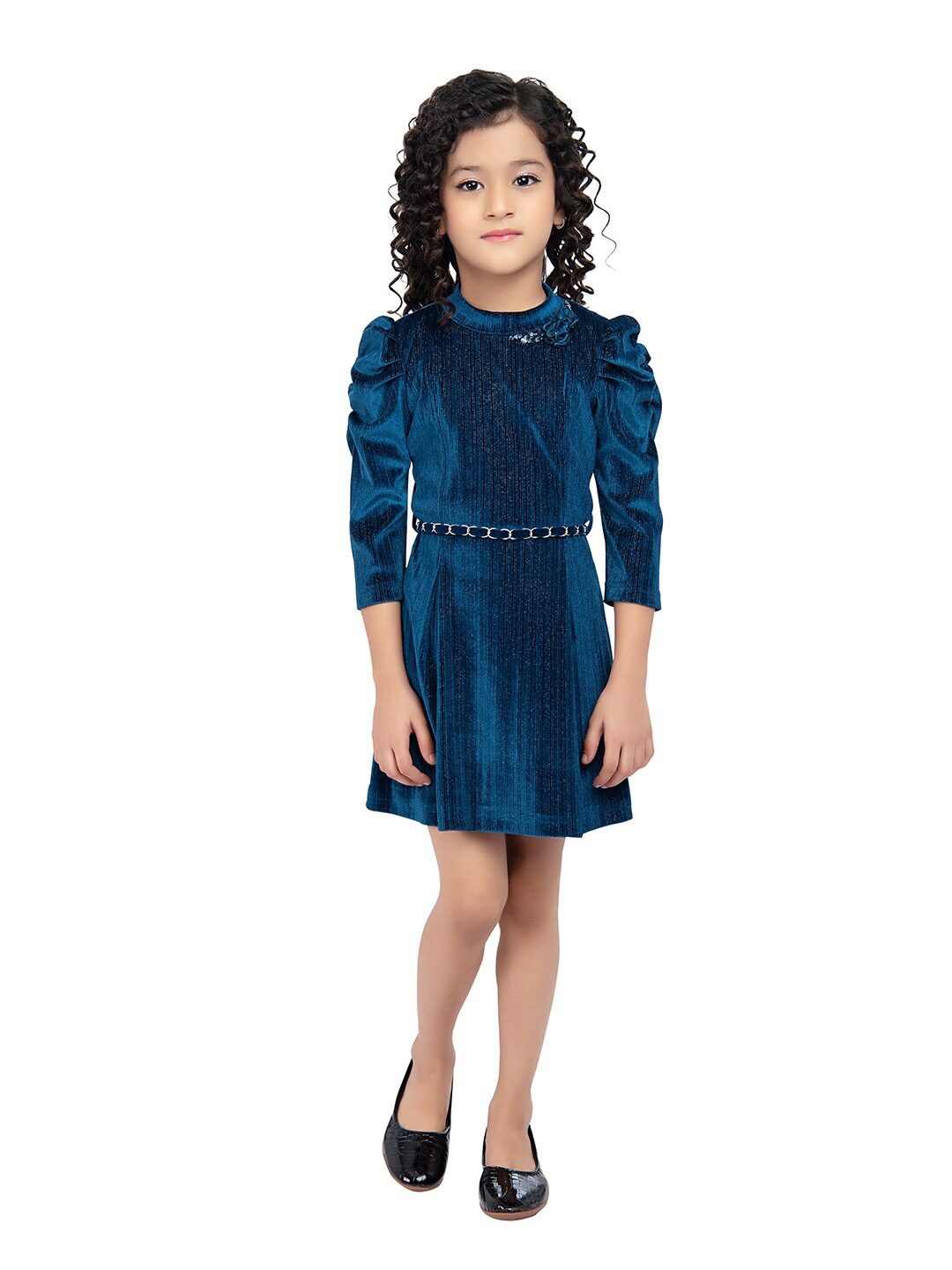 

Tiny Baby Girls Velvet A-Line Dress with Belt, Blue