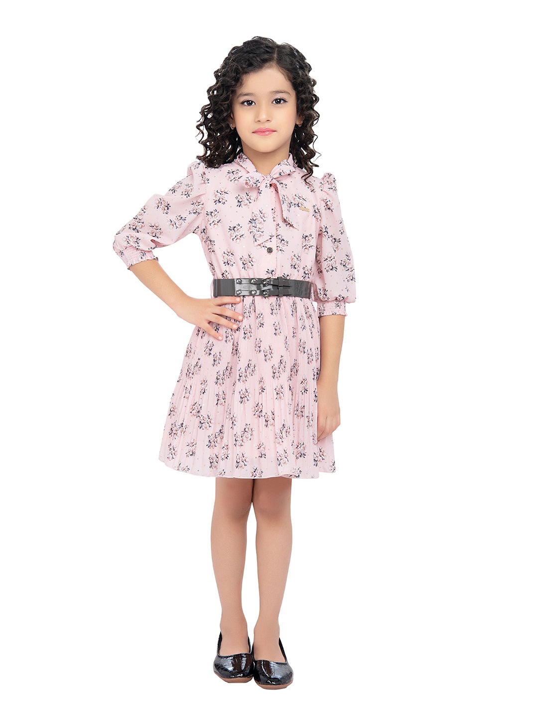 

Tiny Baby Girls Floral Tie-Up Neck Shirt Dress with Belt, Pink