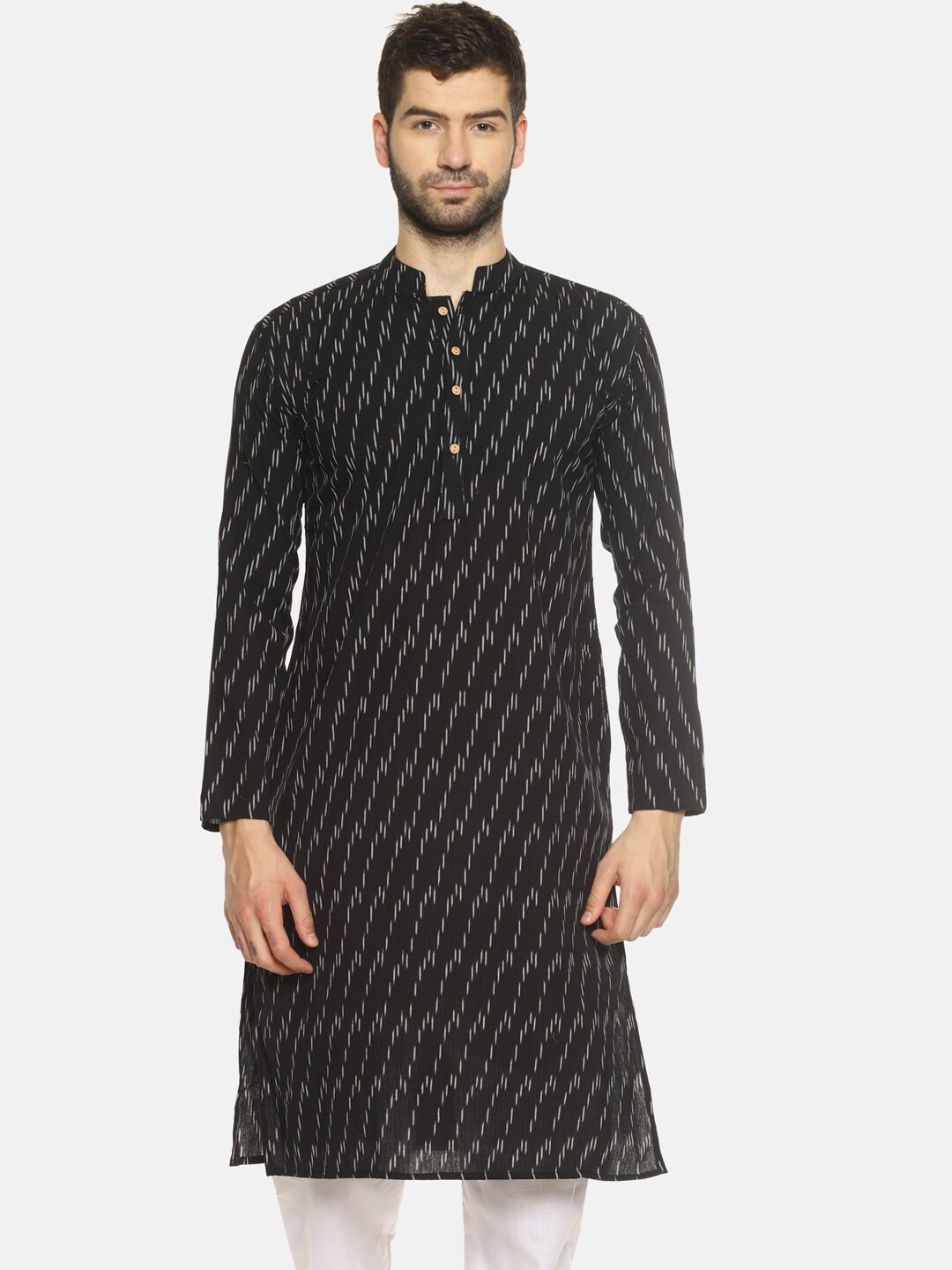 

PAROKSH Woven Design Mandarin Collar Ikat Pure Cotton Kurta, Black