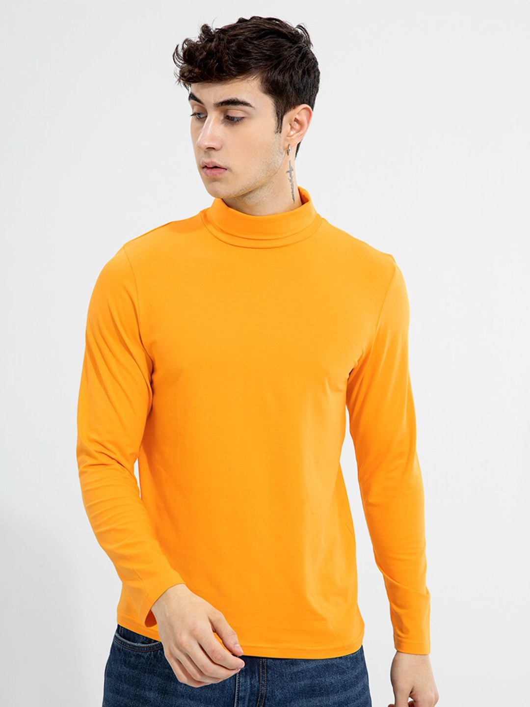 

Snitch Men Cotton High Neck T-shirt, Yellow