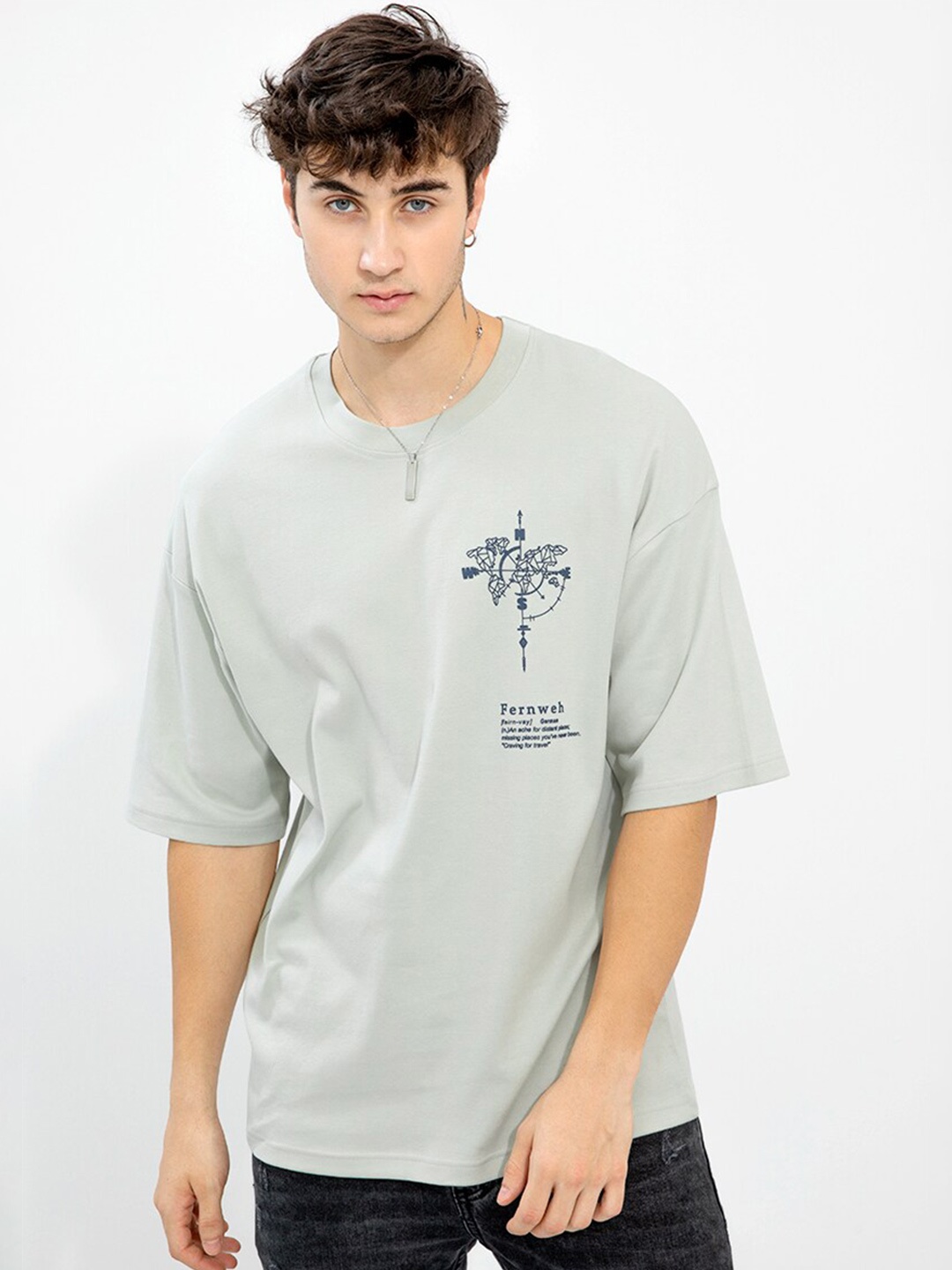 

Snitch Men Drop-Shoulder Sleeves Boxy Cotton T-shirt, Grey