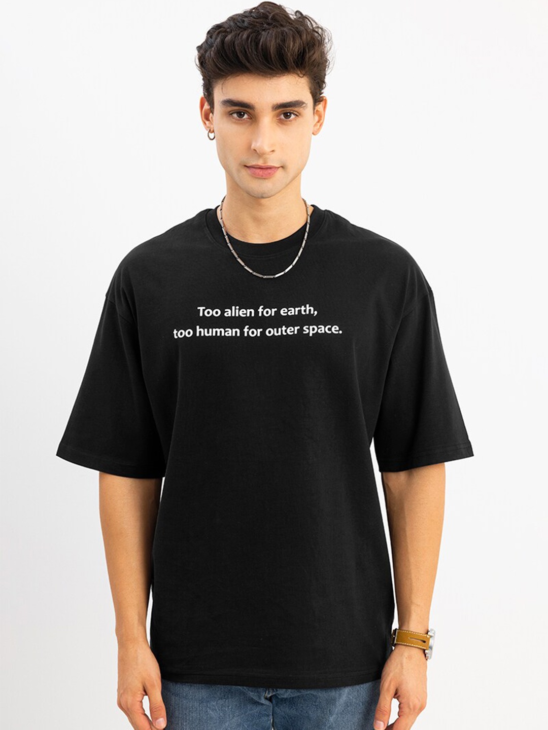 

Snitch Men Typography Printed Drop-Shoulder Sleeves Boxy Cotton T-shirt, Black