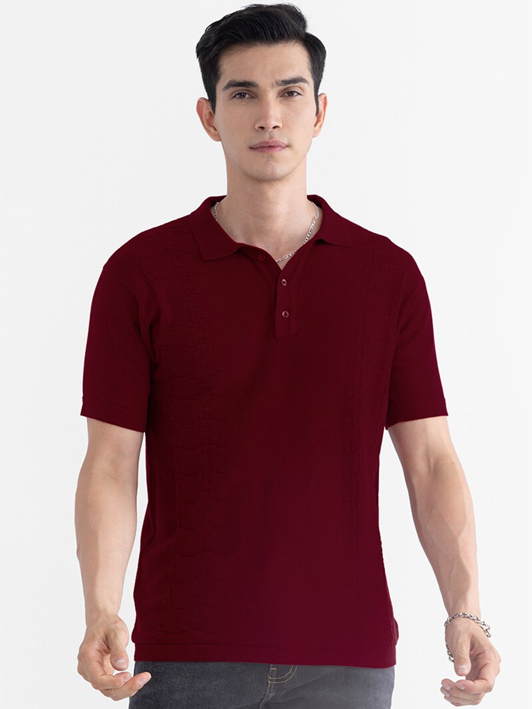 

Snitch Men Polo Collar Pure Cotton Slim Fit T-shirt, Maroon