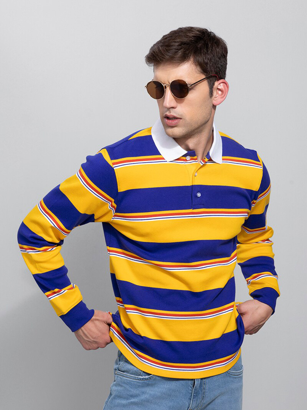 

Snitch Men Striped Polo Collar Pure Cotton Slim Fit T-shirt, Yellow
