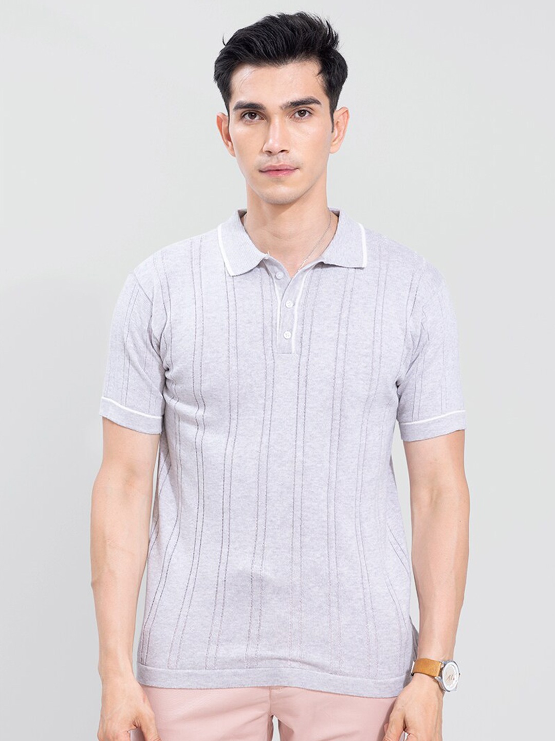 

Snitch Men Striped Polo Collar Pure Cotton Slim Fit T-shirt, Grey