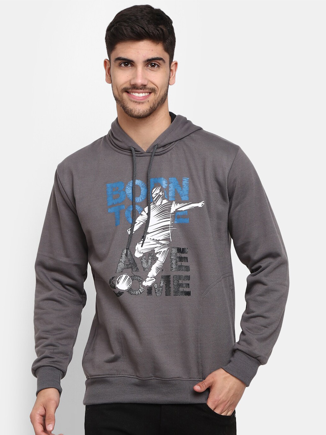 

V-Mart Men Printed Cotton Hooded Sweatshirt, Grey